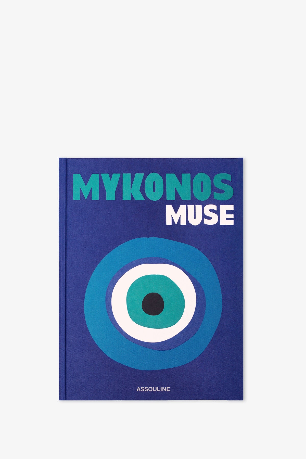 A blue Assouline Mykonos Muse Book featuring a prominent evil eye design on the cover and ASSOULINE printed at the bottom.