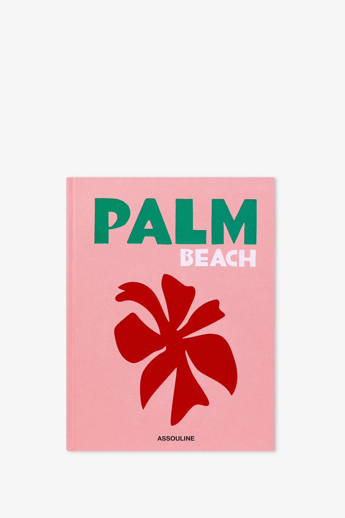 A pink cover for the Assouline Palm Beach Book features "PALM BEACH" in green and white lettering above a striking red abstract flower, with the publisher's name, ASSOULINE, displayed at the bottom.