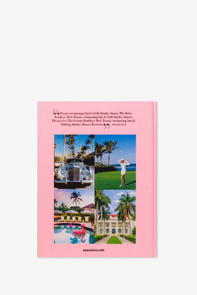 The Assouline Palm Beach Book features a pink cover adorned with six photographs depicting luxury cars, palm trees, people golfing and swimming, and elegant architecture. At the top, text highlights tennis, swimming, lunch, and golf, while assouline.com appears at the bottom.