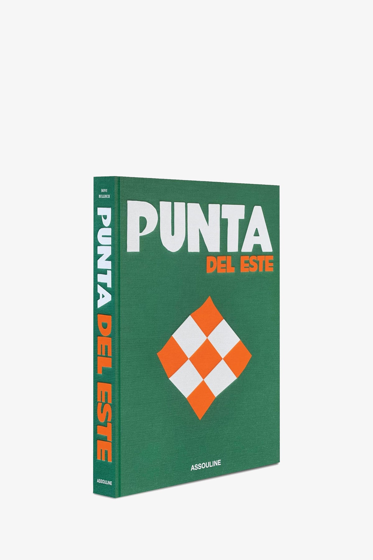 Assouline Punta Del Este Book, a hardcover edition featuring a green cover, bold white and orange text, an orange and white checkered diamond design, and “ASSOULINE” printed at the bottom.