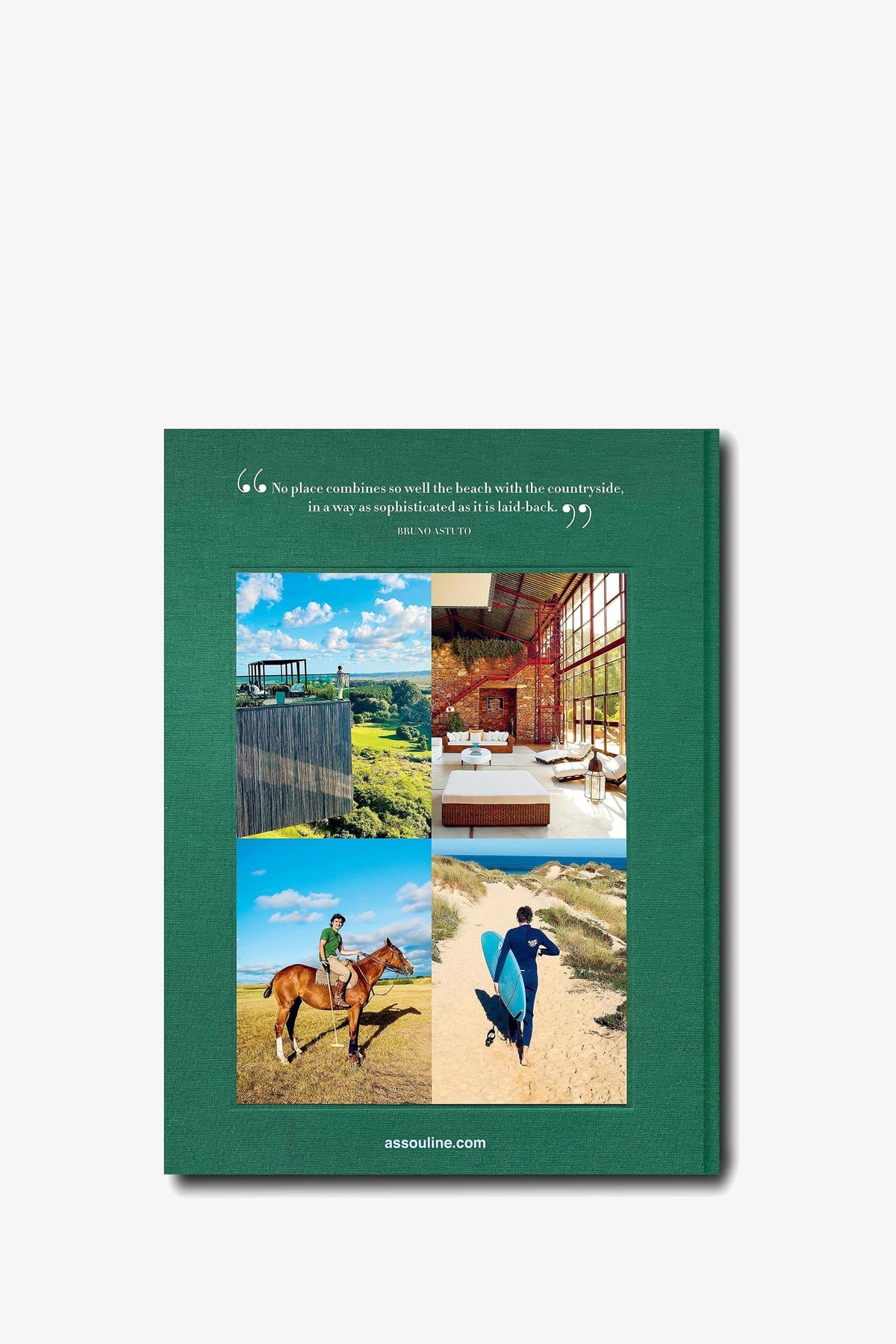 The Assouline Punta Del Este Book has a green cover displaying four square photos—a deck with a scenic view, a bright bedroom, two people horseback riding, and surfers heading to the beach—with an inspiring quote about the beach and countryside printed above the images.