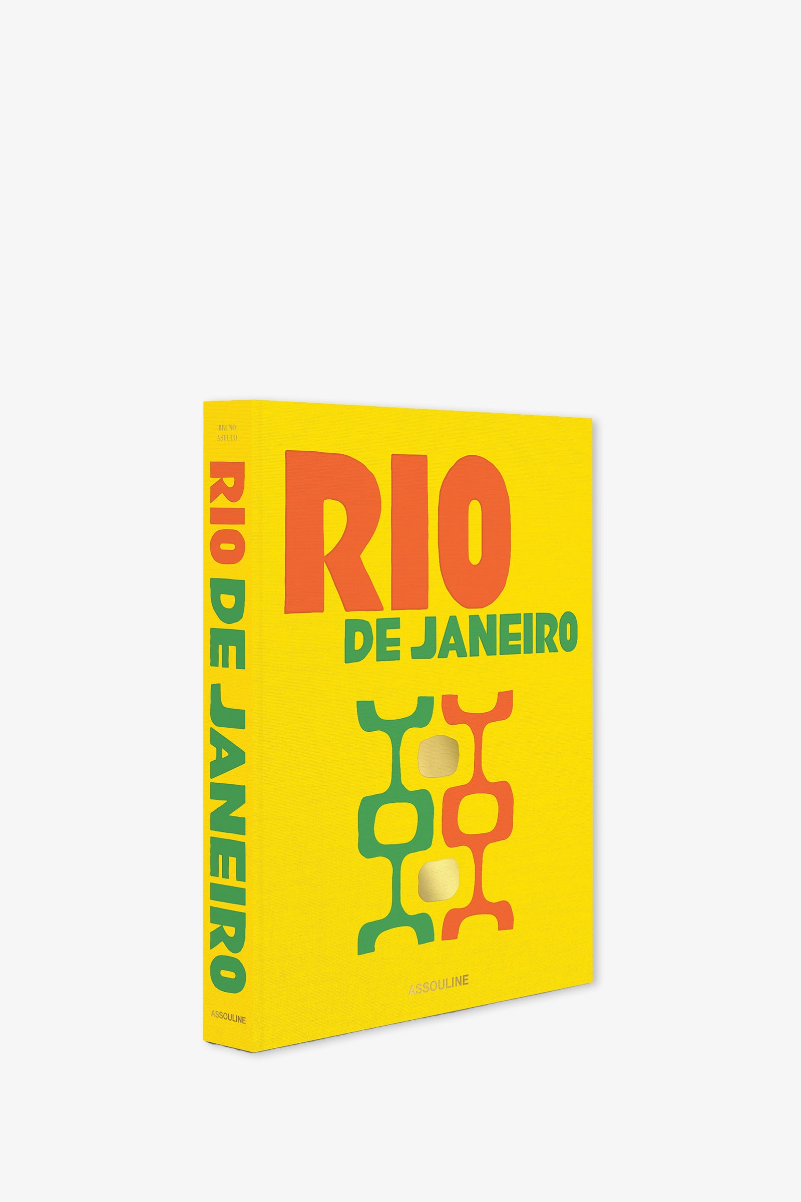 The Assouline Rio De Janeiro Book features a bright yellow cover and spine emblazoned with "RIO DE JANEIRO" in bold red and green letters, accented by colorful abstract shapes. The publisher’s name, ASSOULINE, is displayed at the bottom.