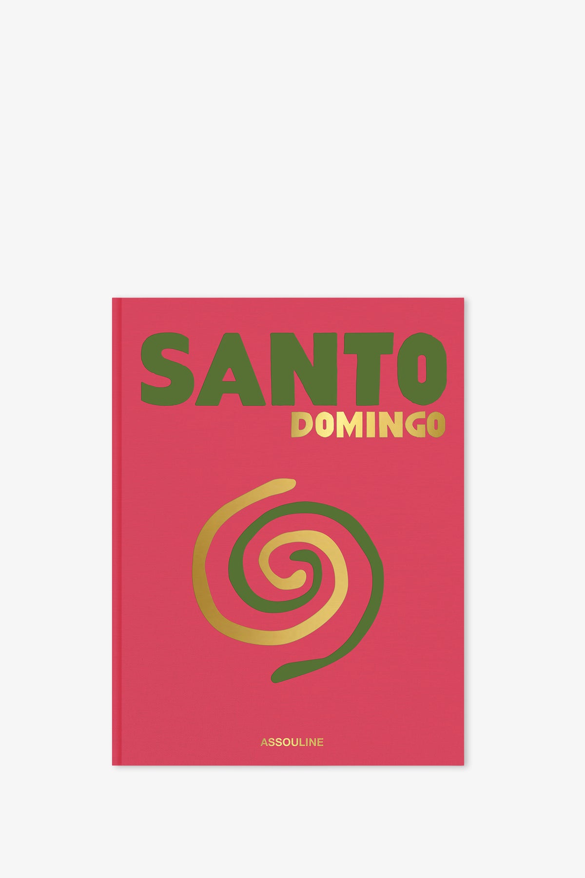 Assouline Santo Domingo Book features a bold red cover with "SANTO" in large green letters, "DOMINGO" in smaller gold lettering, a striking gold and red spiral design beneath them, and the Assouline logo at the bottom.