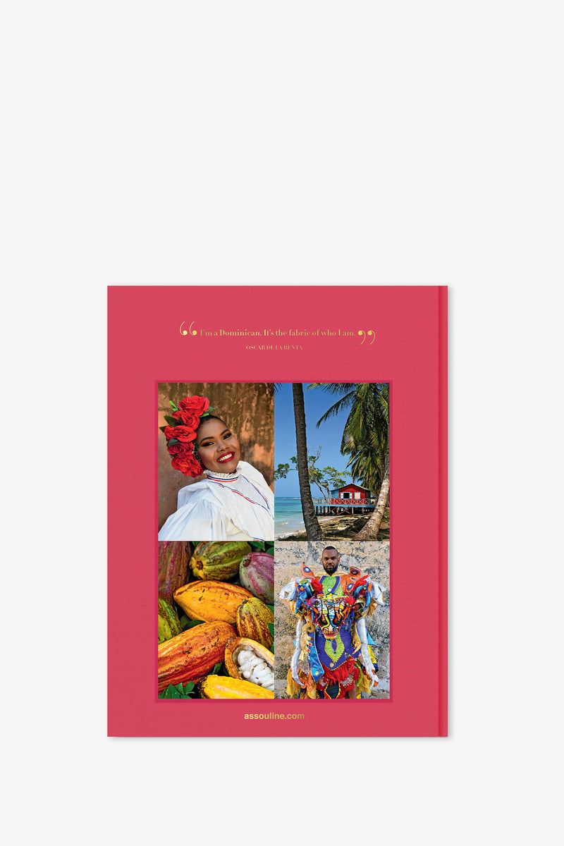 The Assouline Santo Domingo Book features a striking red cover adorned with four images—a smiling woman in traditional Dominican dress, a picturesque palm-fringed beach, vibrant cocoa pods, and a man in colorful costume—capturing the essence of Dominican culture.