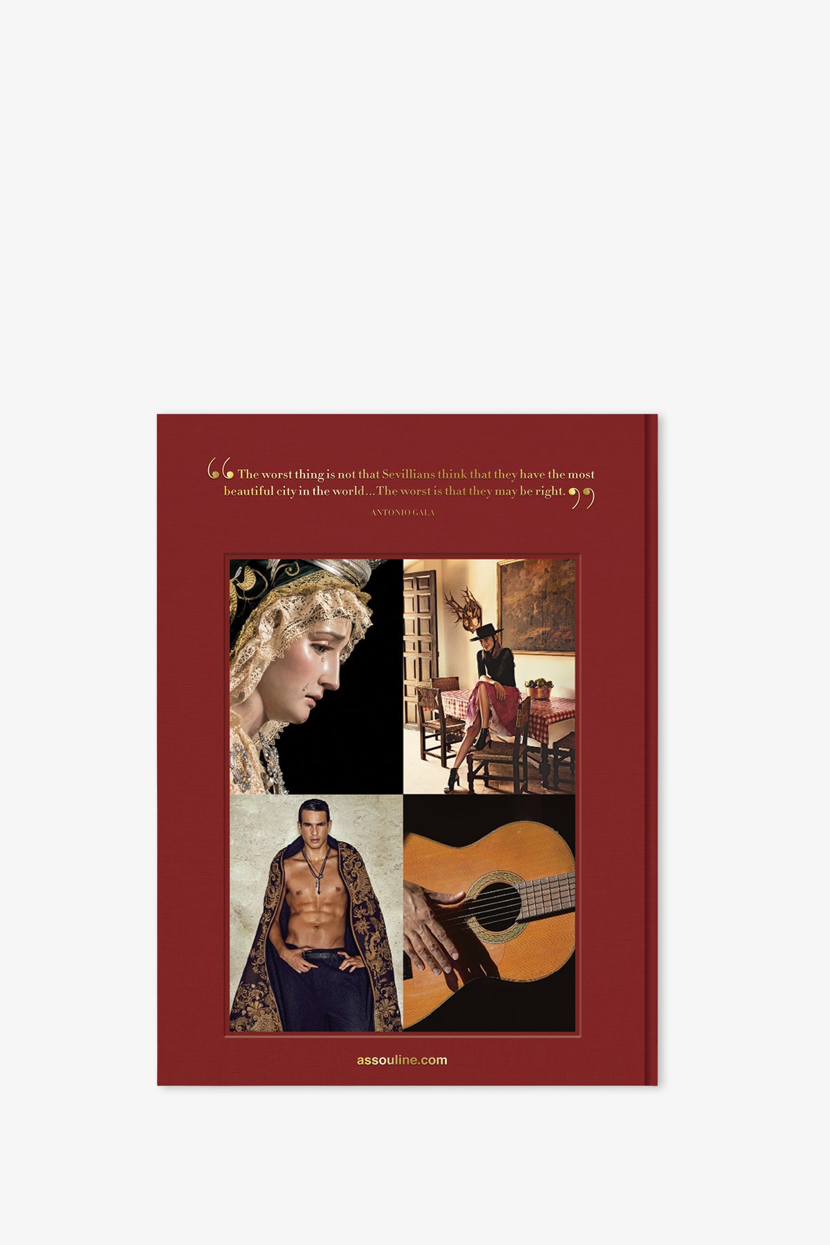 A red Assouline Sevilla Arte Book cover featuring a quote at the top and four images: a close-up of a woman in a headdress, a man playing guitar, a shirtless man in a jacket, and a woman sitting at a table.