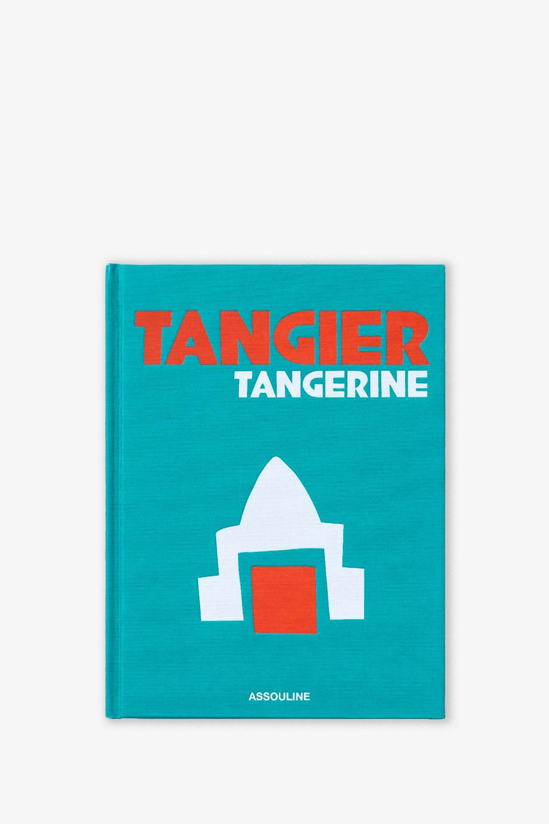 Aqua hardcover book titled Assouline Tangier Tangerine with a minimalist white and orange graphic on the cover.