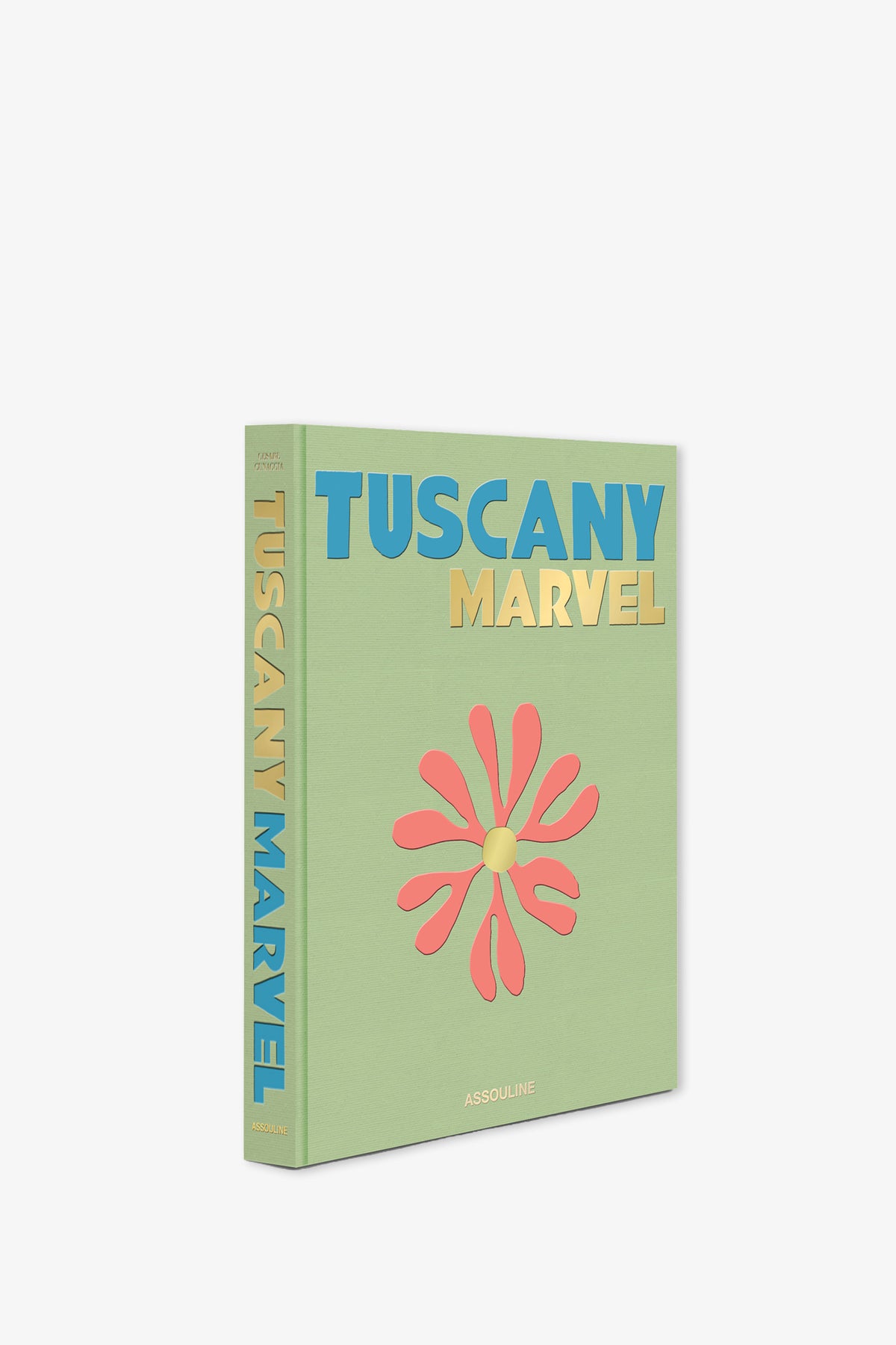 A green Assouline Tuscany Marvel Book with blue and gold text, featuring a stylized pink and yellow flower on the cover. The publisher name, ASSOULINE, appears at the bottom.