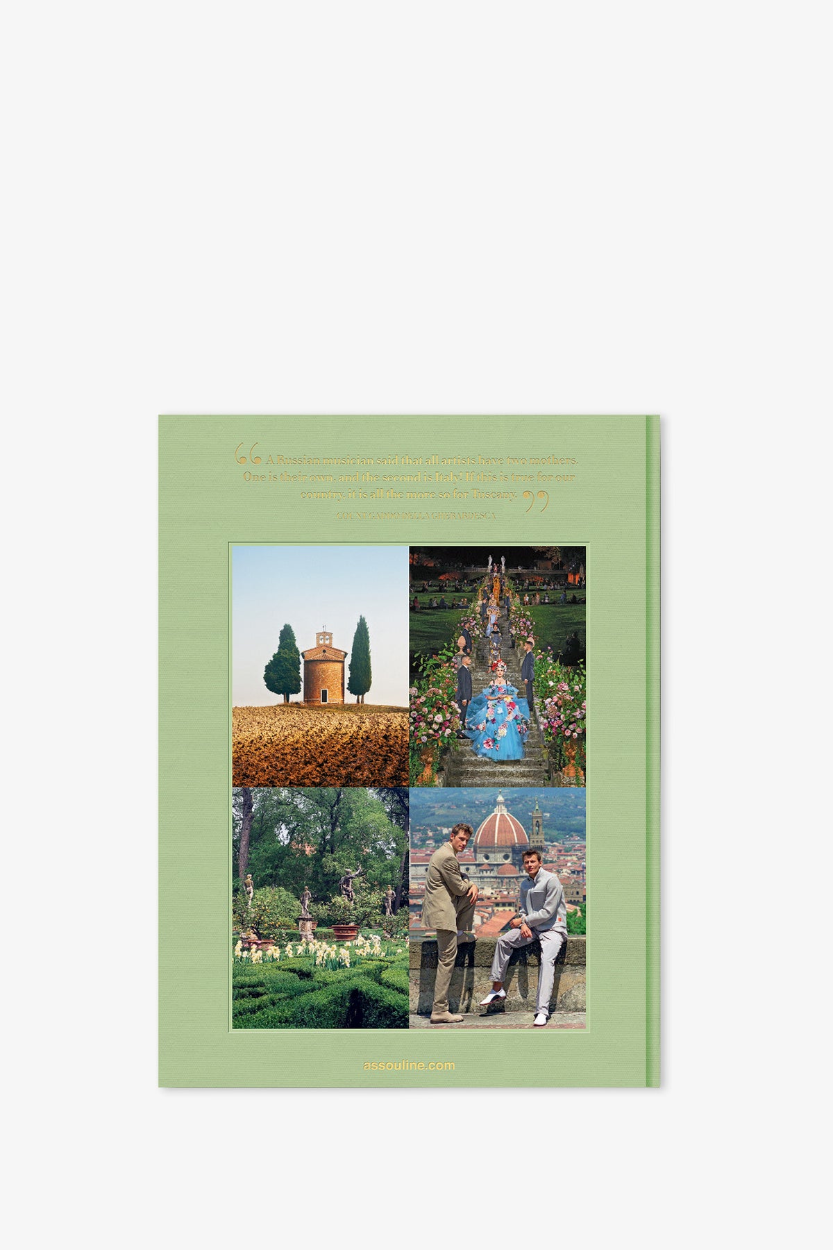 A green Assouline Tuscany Marvel Book with gold text at the top, featuring four photos: a small building and tree, a floral path, a garden, and two people sitting near a scenic city landscape.