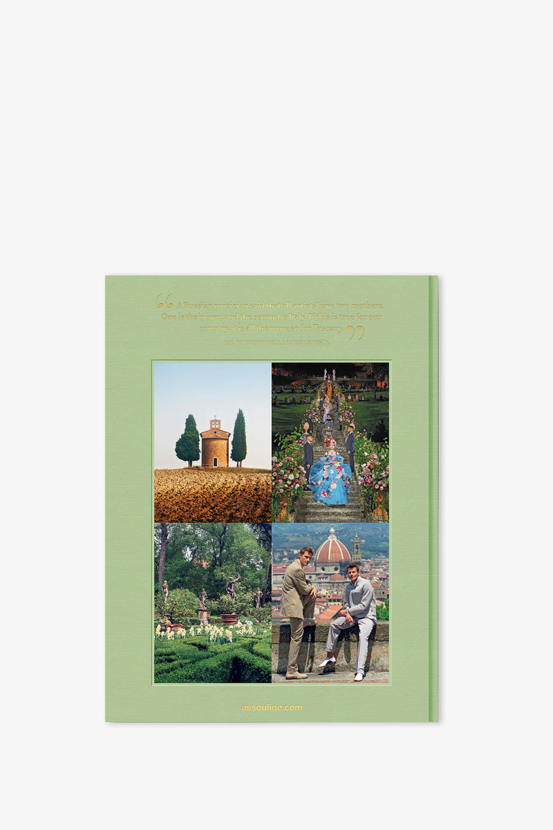 A green Assouline Tuscany Marvel Book with gold text at the top, featuring four photos: a small building and tree, a floral path, a garden, and two people sitting near a scenic city landscape.