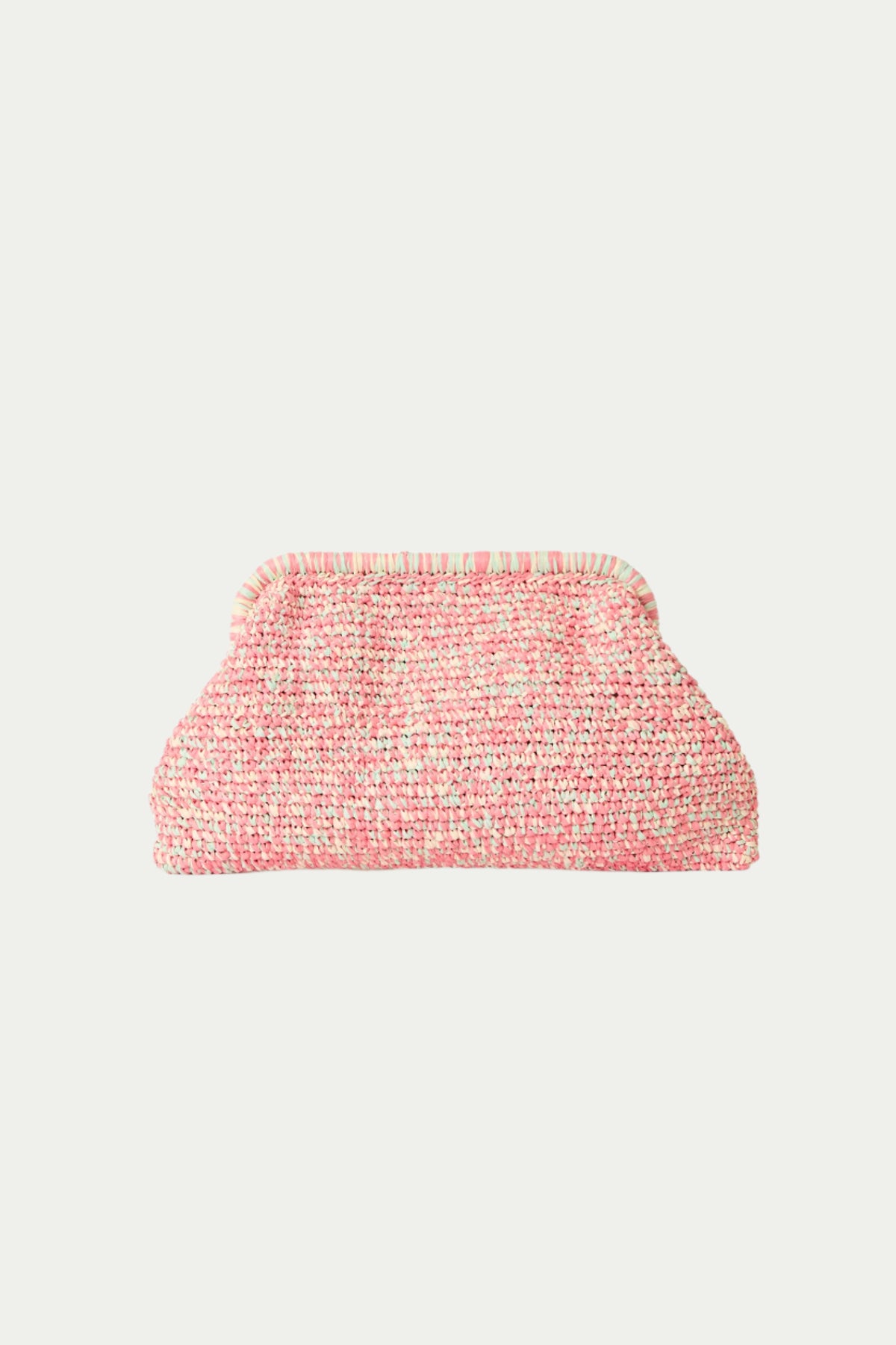 The BTB Verona Woven Raffia Clutch in pink features a ruched top and is displayed against a plain white background.