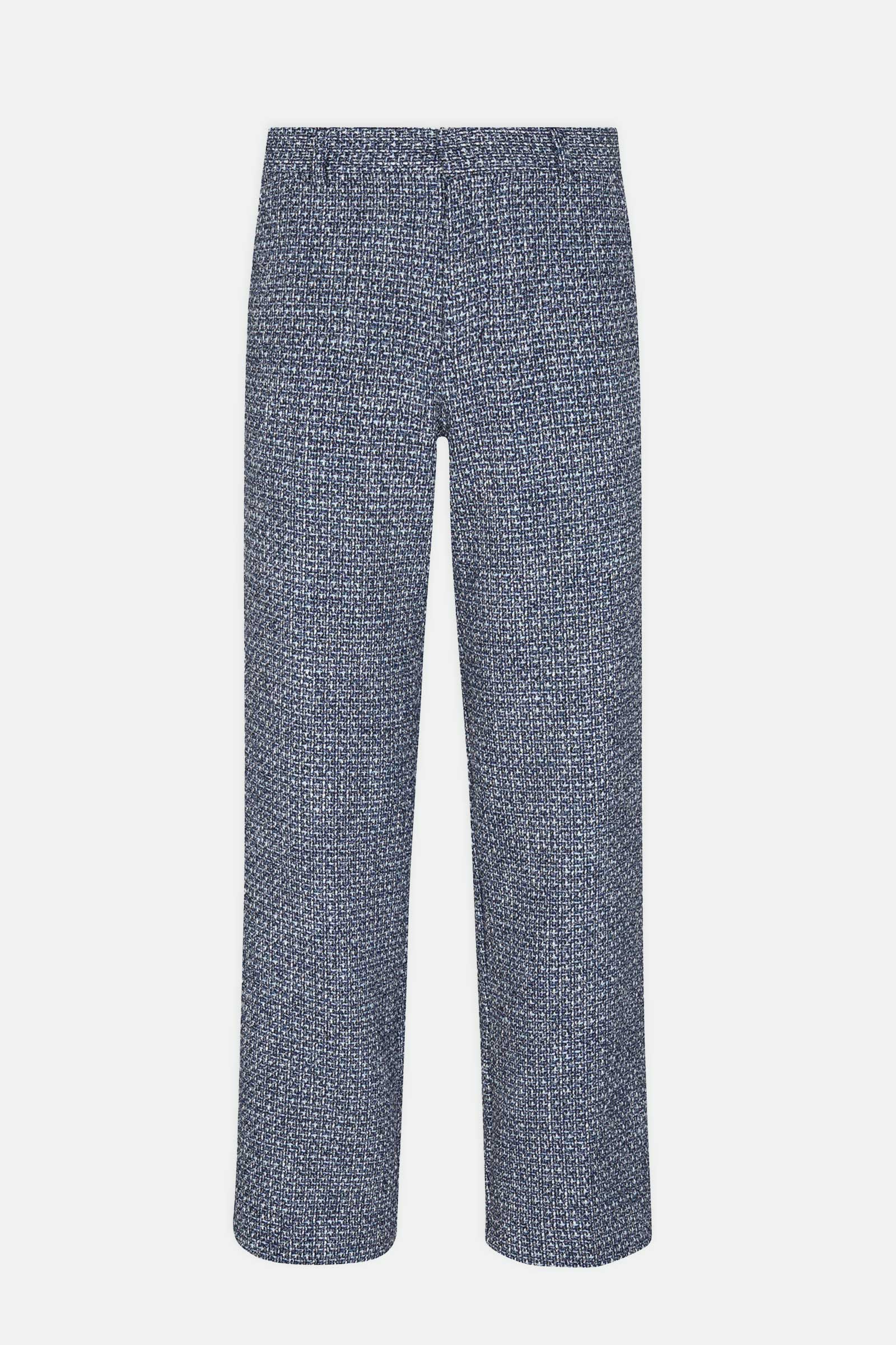 The Buckingham Tweed Trouser features a blue and white small checkered pattern, straight-leg cut, elastic waistband, and no visible pockets or closures, shown against a white background.
