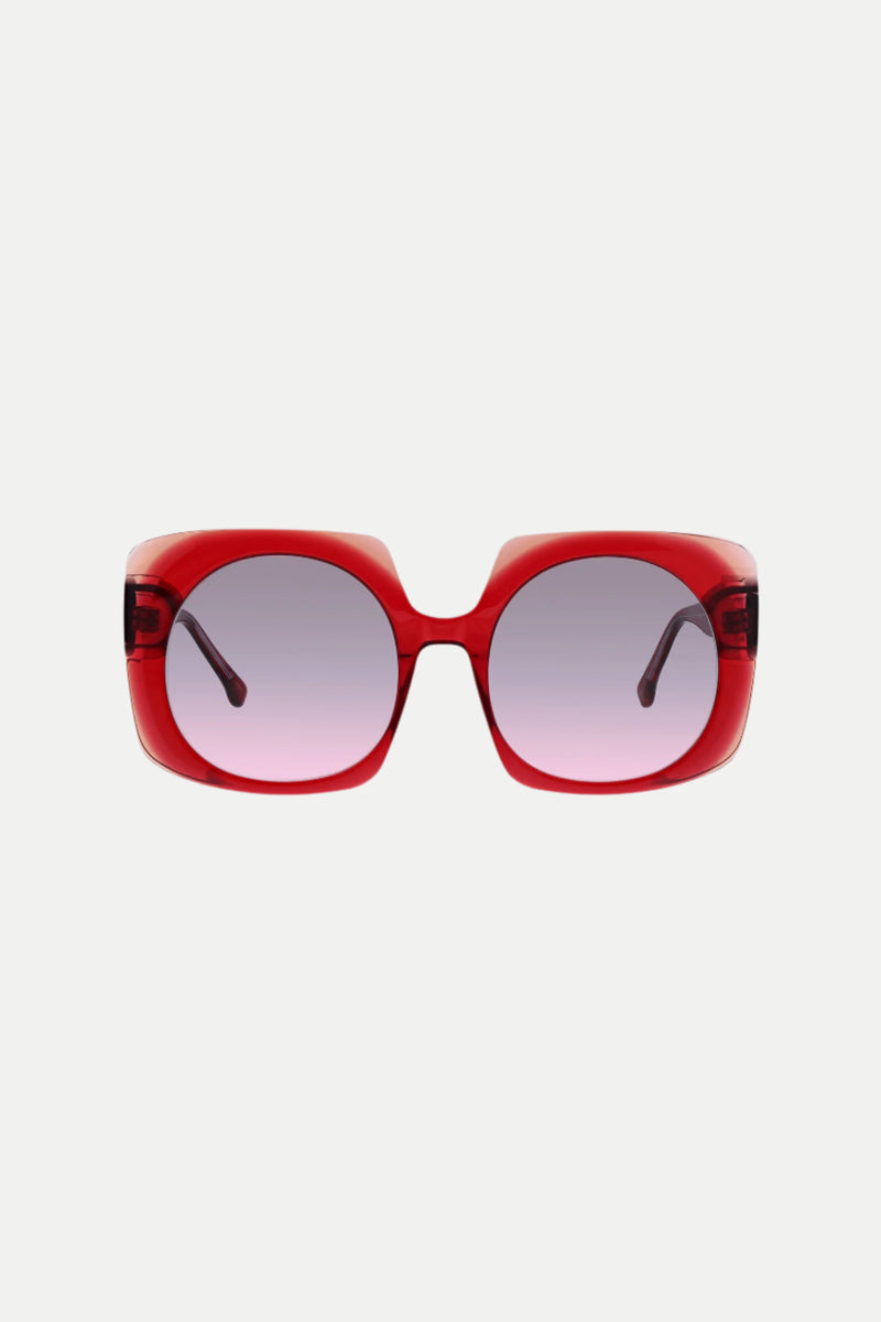 Canaria Oversized Square Acetate Sunglasses in red, featuring thick frames and gradient purple-tinted lenses, shown from the front against a plain white background.