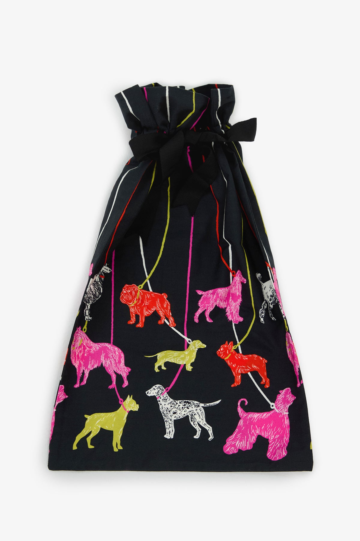 POOCH PAJAMA GIFT BAG: a black drawstring gift bag patterned with colorful illustrations of various dog breeds on leashes.