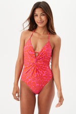 TRELLIS TWIST-FRONT V-NECK HALTER ONE-PIECE SWIMSUIT in MULTI