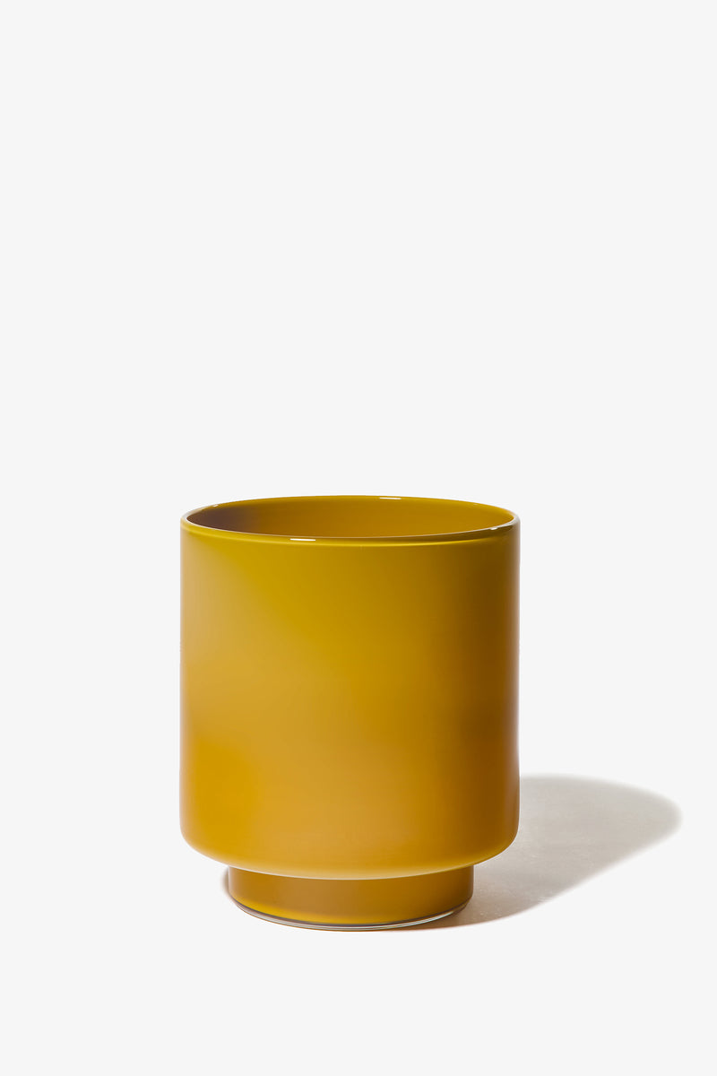 The Fiorelli Low Container, a mustard yellow cylindrical ceramic planter with a slightly raised base, is set against a white background with a soft shadow cast to the right.