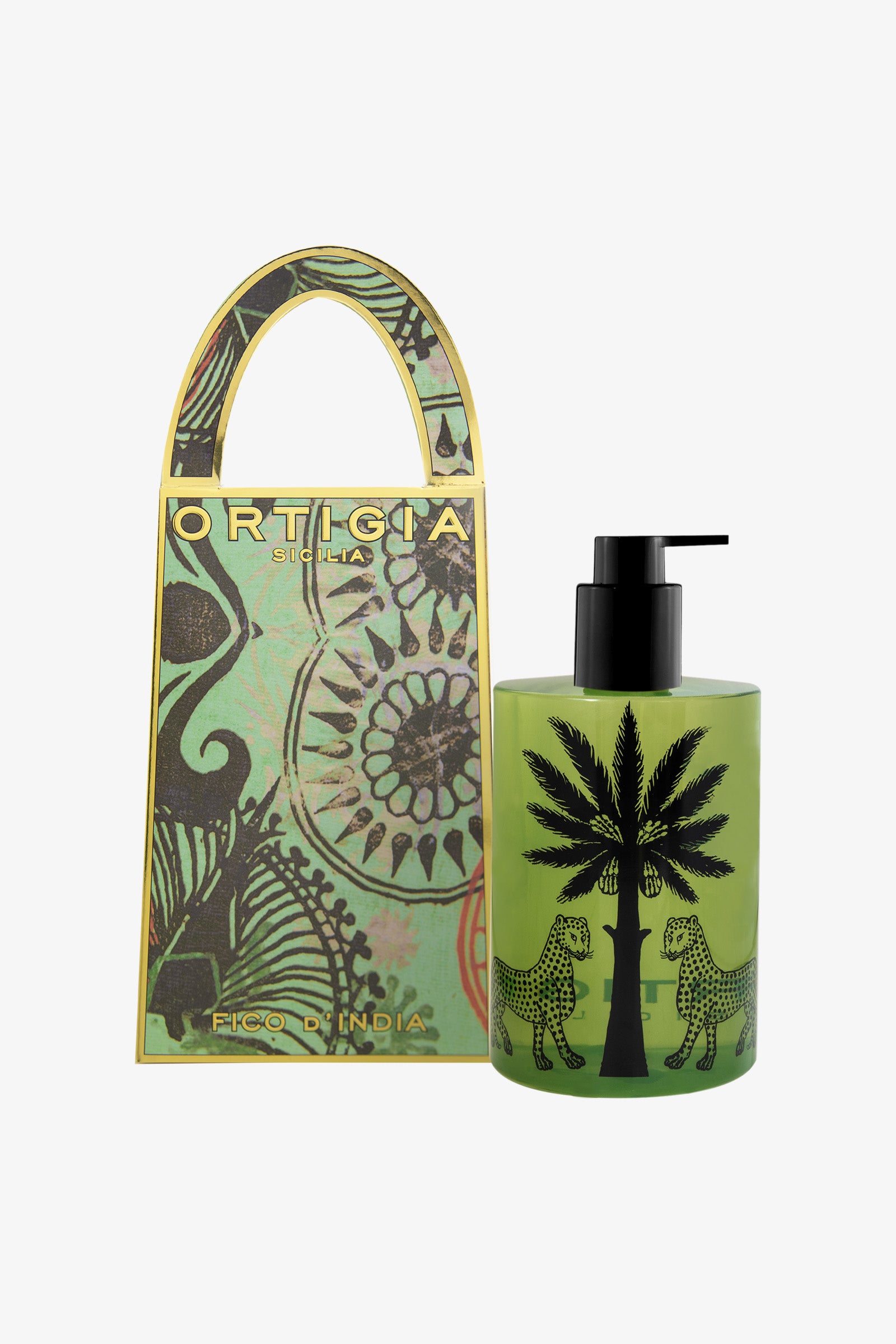 A green bottle of Ortigia Fico D'India Hand Soap with black palm tree and leopard design sits beside its ornate, matching box decorated with botanical and animal illustrations.