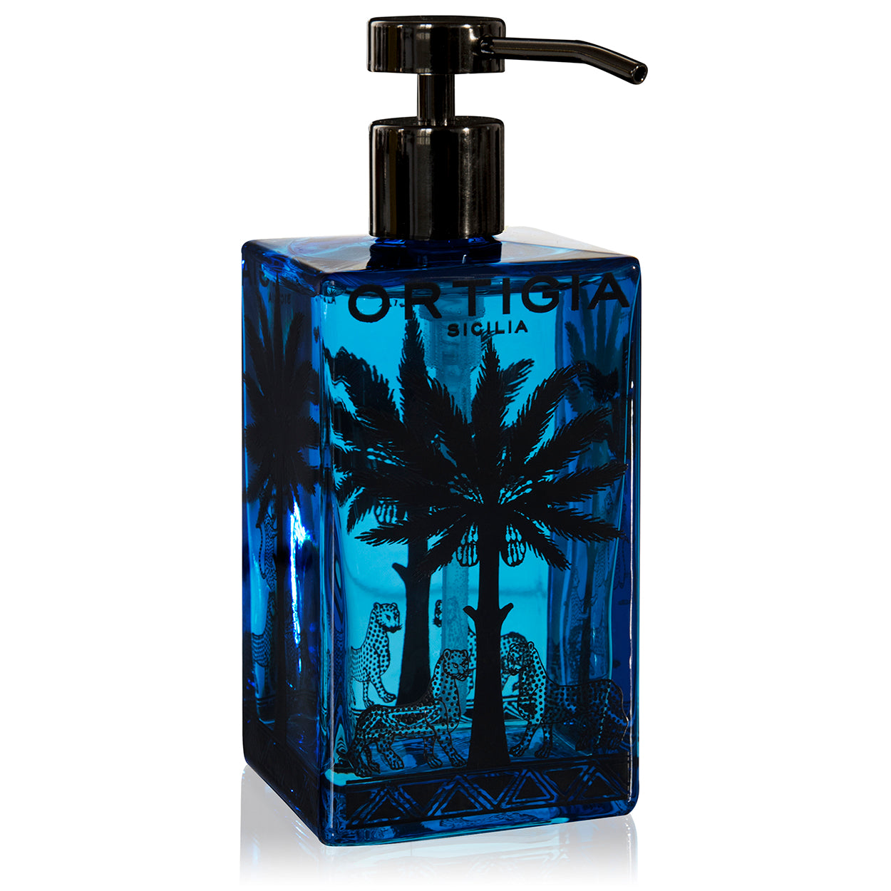 A blue Ortigia Florio Glass Hand Soap dispenser with a black pump, featuring black palm tree and leopard illustrations. The label reads ORTIGIA SICILIA.
