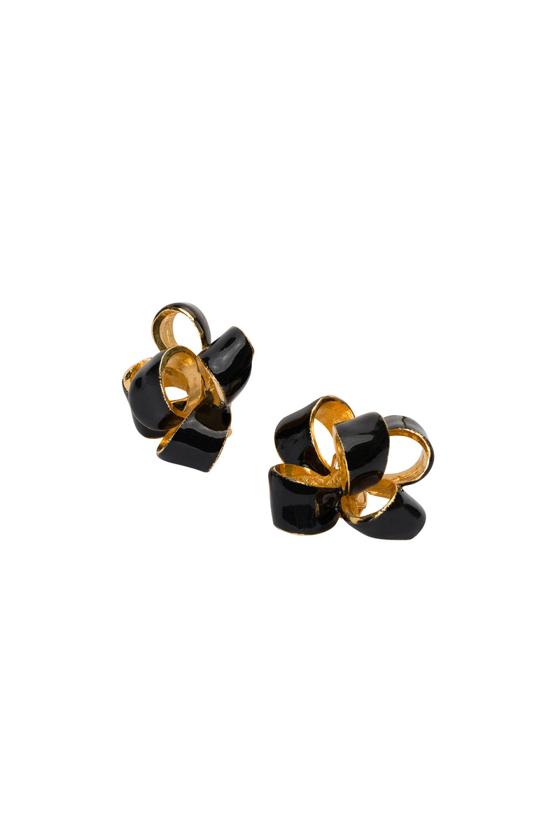 KJL LARGE BLACK/GOLD ENAMEL BOW EARRINGS in BLACK