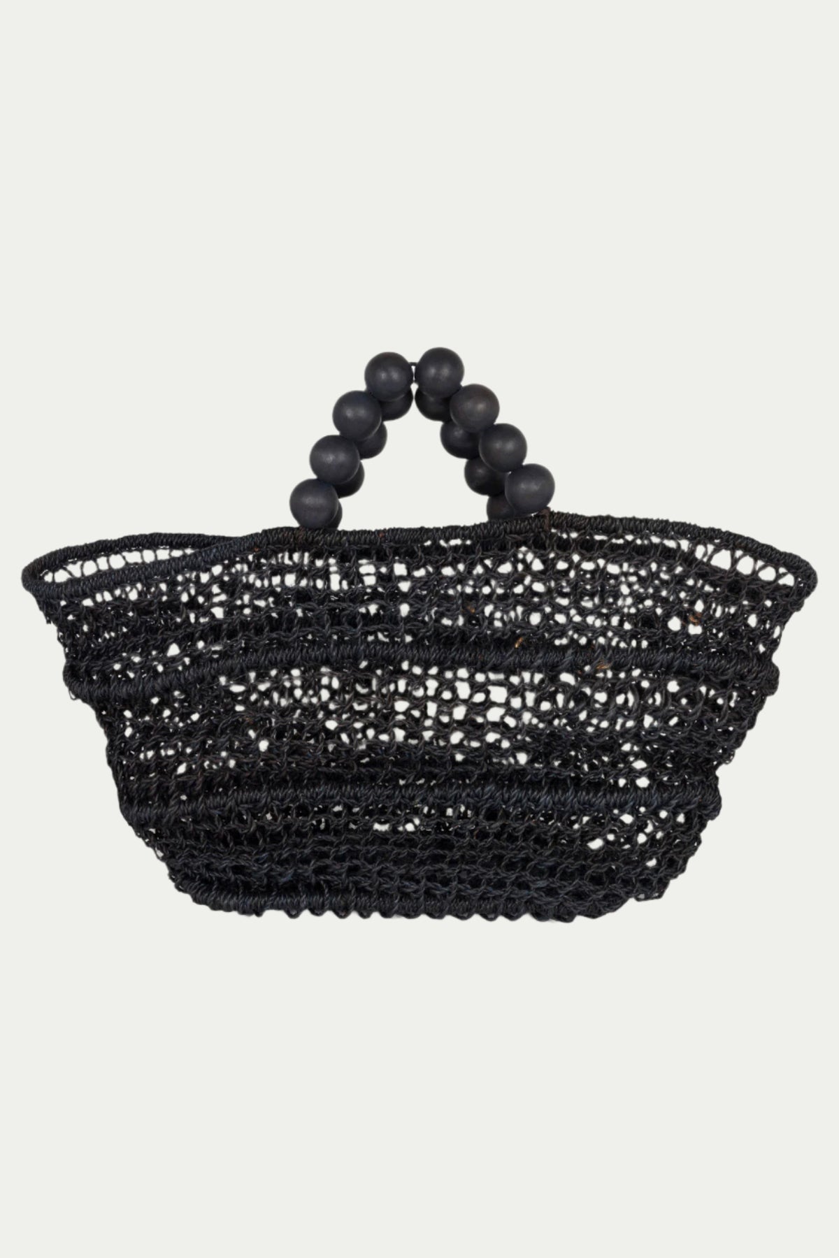 The Poolside Comporta Black Open-Weave Tote in midnight blue features a round, open structure and two handles made of large beads, shown against a plain light background.