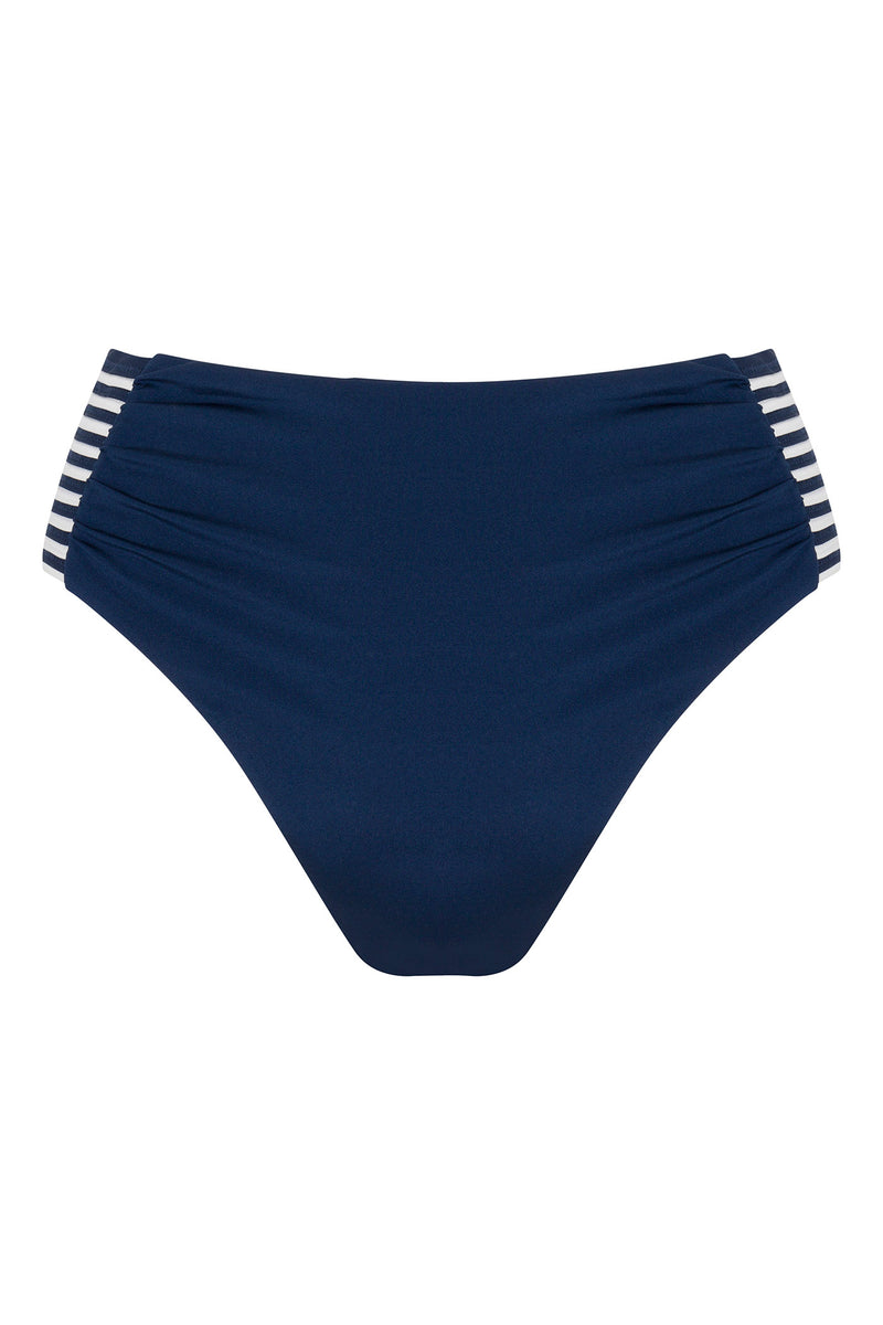 Monaco Pleated High-Waist Bikini Bottom in navy blue features ruched sides and white and navy striped accents on both hips, shown against a white background.