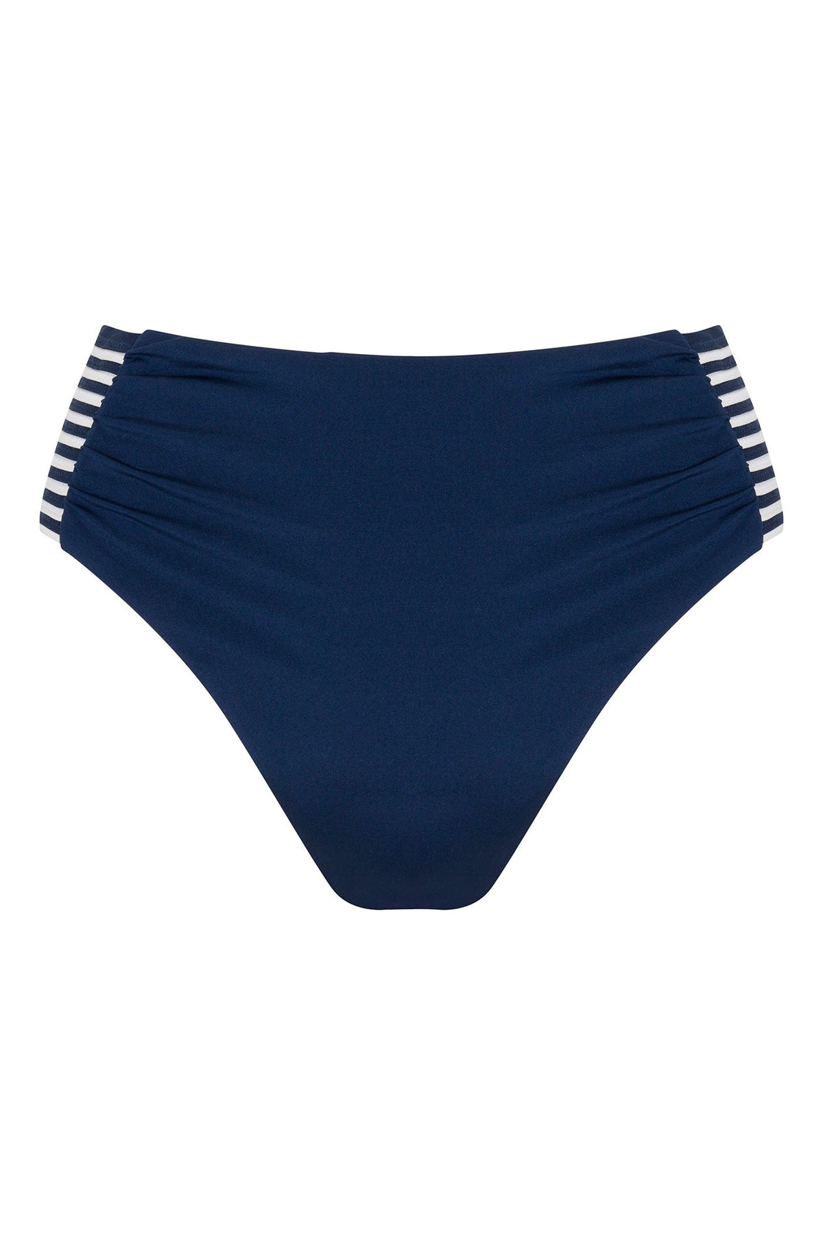 The Monaco Pleated High-Waist Bikini Bottom features a navy blue design with ruched sides and white and navy striped accents on the hips.