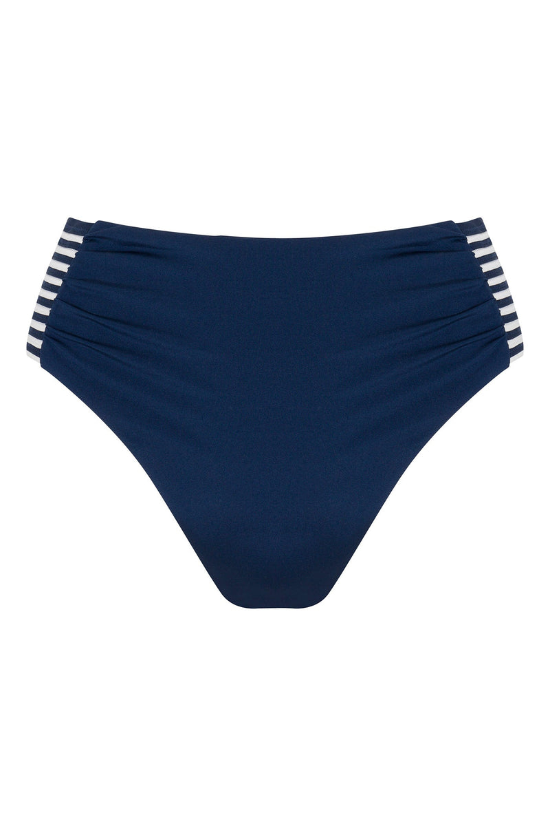 The Monaco Pleated High-Waist Bikini Bottom features a navy blue design with ruched sides and white and navy striped accents on the hips.