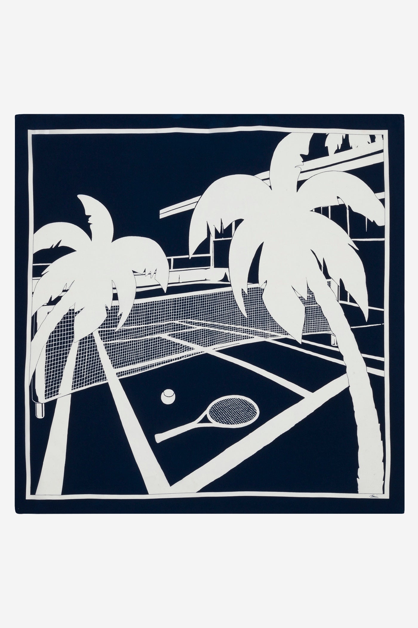 A black and white Tennis Scarf – Silk featuring a tennis court, palm trees, and a ball.