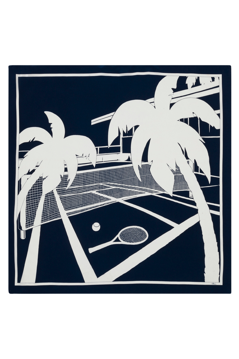 A black and white Tennis Scarf – Silk featuring a tennis court, palm trees, and a ball.