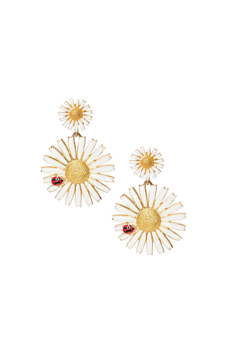 DAISY WITH LADYBUG DROP POST EARRING in WHITE