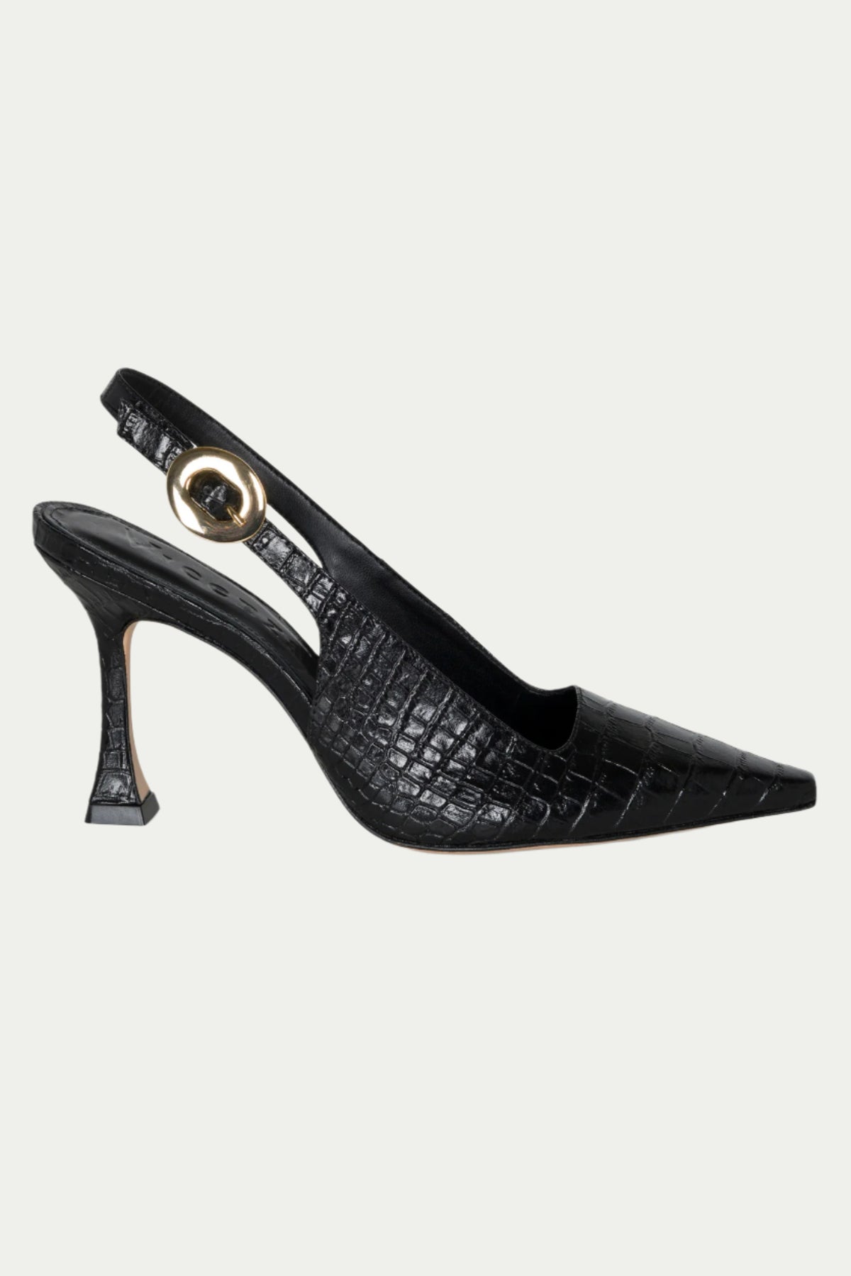 The Naomi Slingback Heel features a black pointed toe, textured crocodile pattern, gold circular buckle strap, and a uniquely flared heel for an elegant, fashion-forward look.