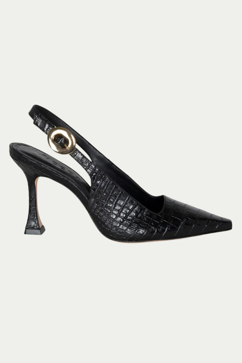 The Naomi Slingback Heel features a black pointed toe, textured crocodile pattern, gold circular buckle strap, and a uniquely flared heel for an elegant, fashion-forward look.