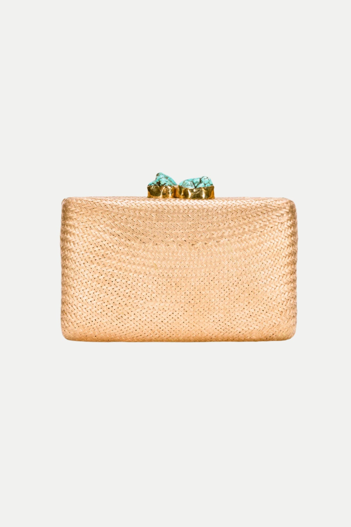 The Jen Gold Straw Clutch features a rectangular gold woven design with a textured surface and a decorative closure adorned with two turquoise stones, shown against a plain white background.