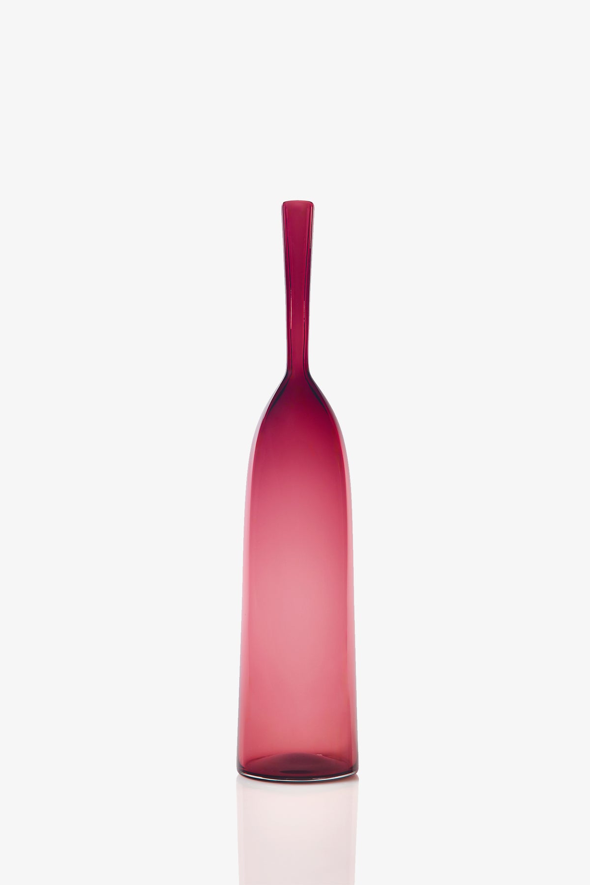 A Large Angelic Bottle, featuring a tall, slender form crafted from translucent red glass with a narrow neck and flat base, is displayed against a plain white background.