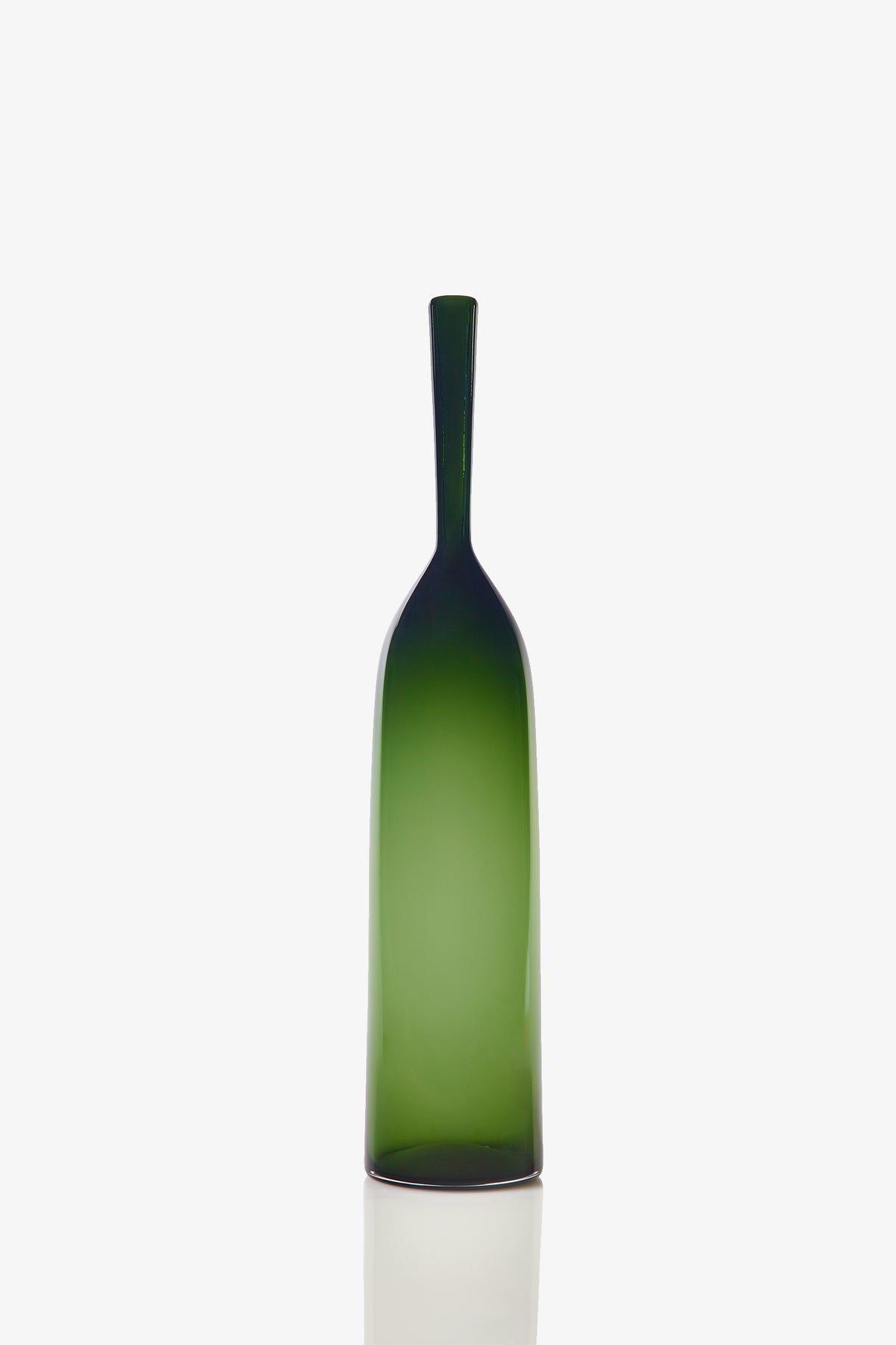 A Large Angelic Bottle, featuring a tall and slender green glass design with a narrow neck, stands upright on a white background.