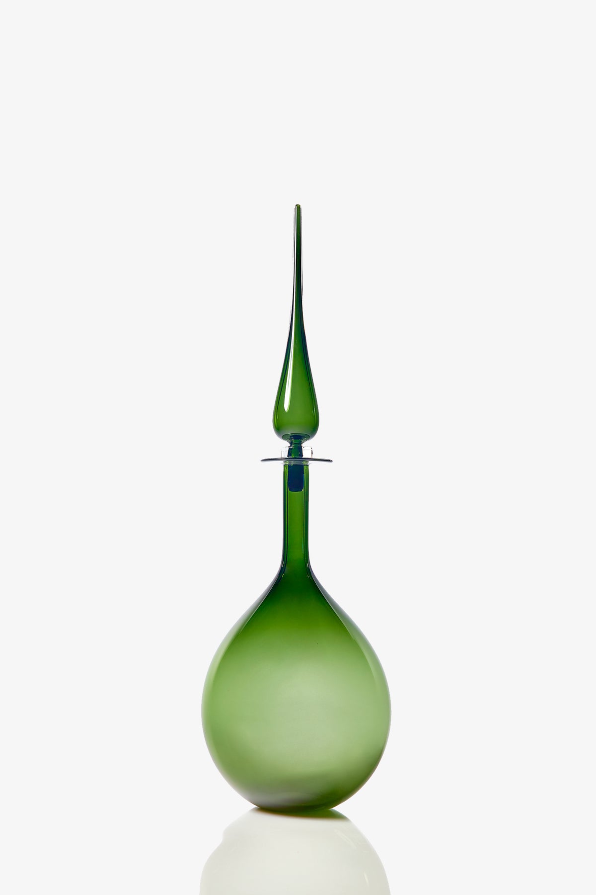 A Large Tear Drop Decanter made of green glass, featuring a round base and a long, pointed stopper, displayed on a white background.