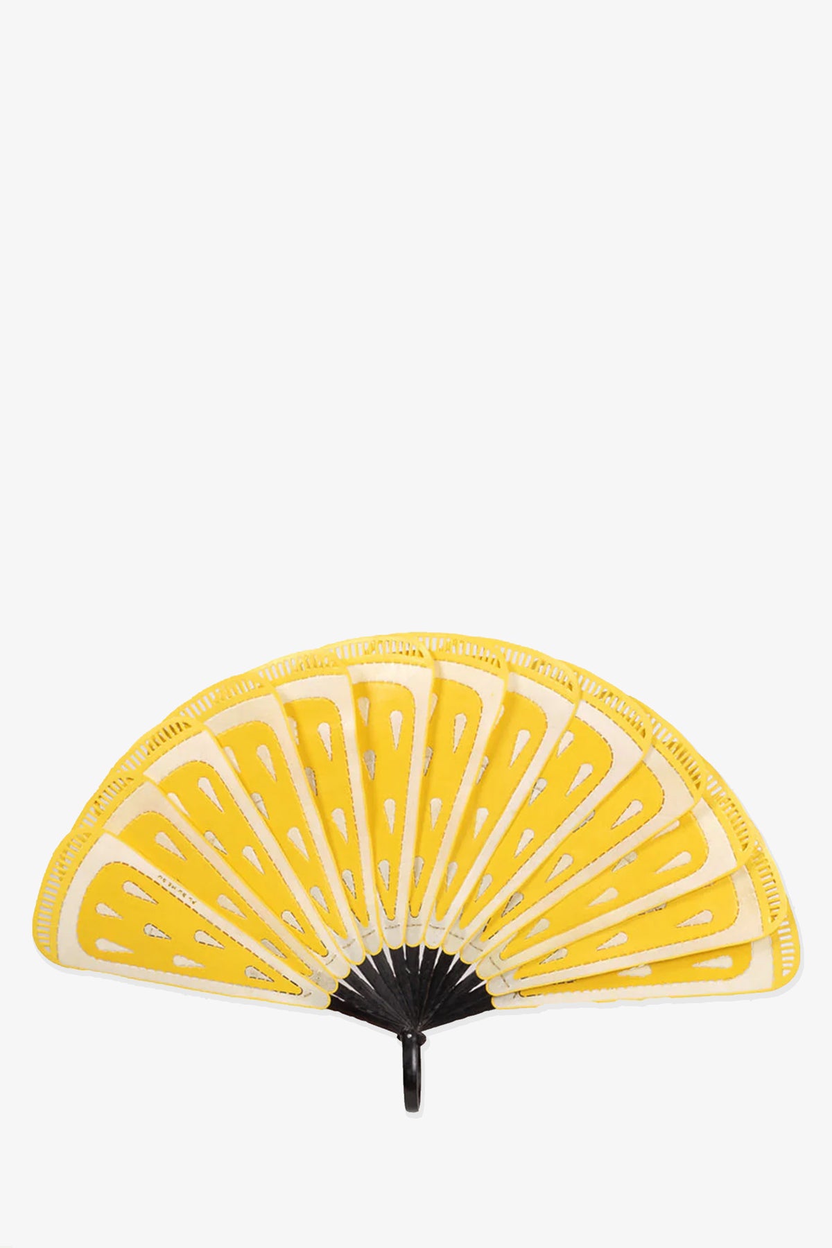 The Pu Bu Me Su Lemon Fan is a handheld fan with yellow and white segments resembling lemon slices and a black handle, shown against a white background.
