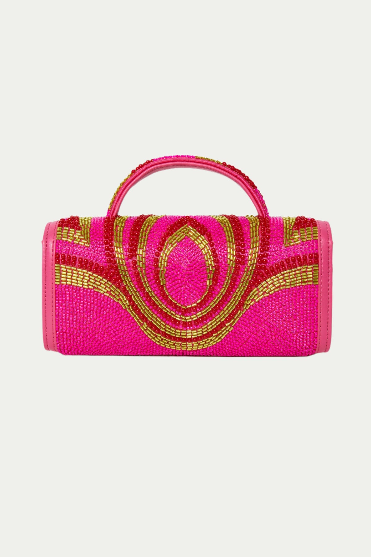 The Lele Sadoughi x Trina Turk Mini Tabitha Bead Bag is a small, cylindrical handbag in Pink Multi, featuring a top handle and intricate gold and red beadwork arranged in symmetrical circles on the front.