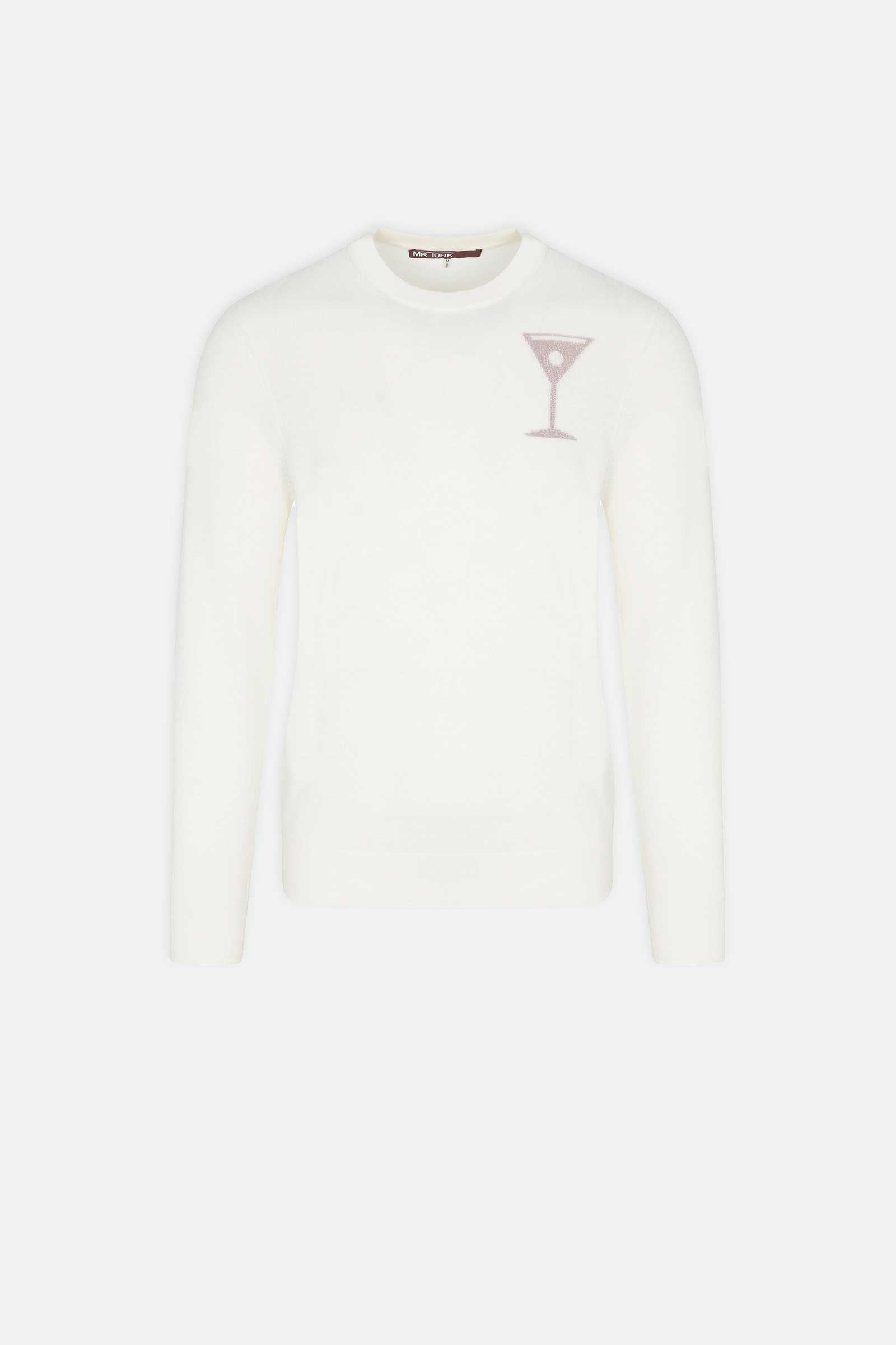 The Martini Crewneck Sweater is a white long-sleeve top featuring a small pink martini glass graphic on the upper left chest, shown against a plain white background.
