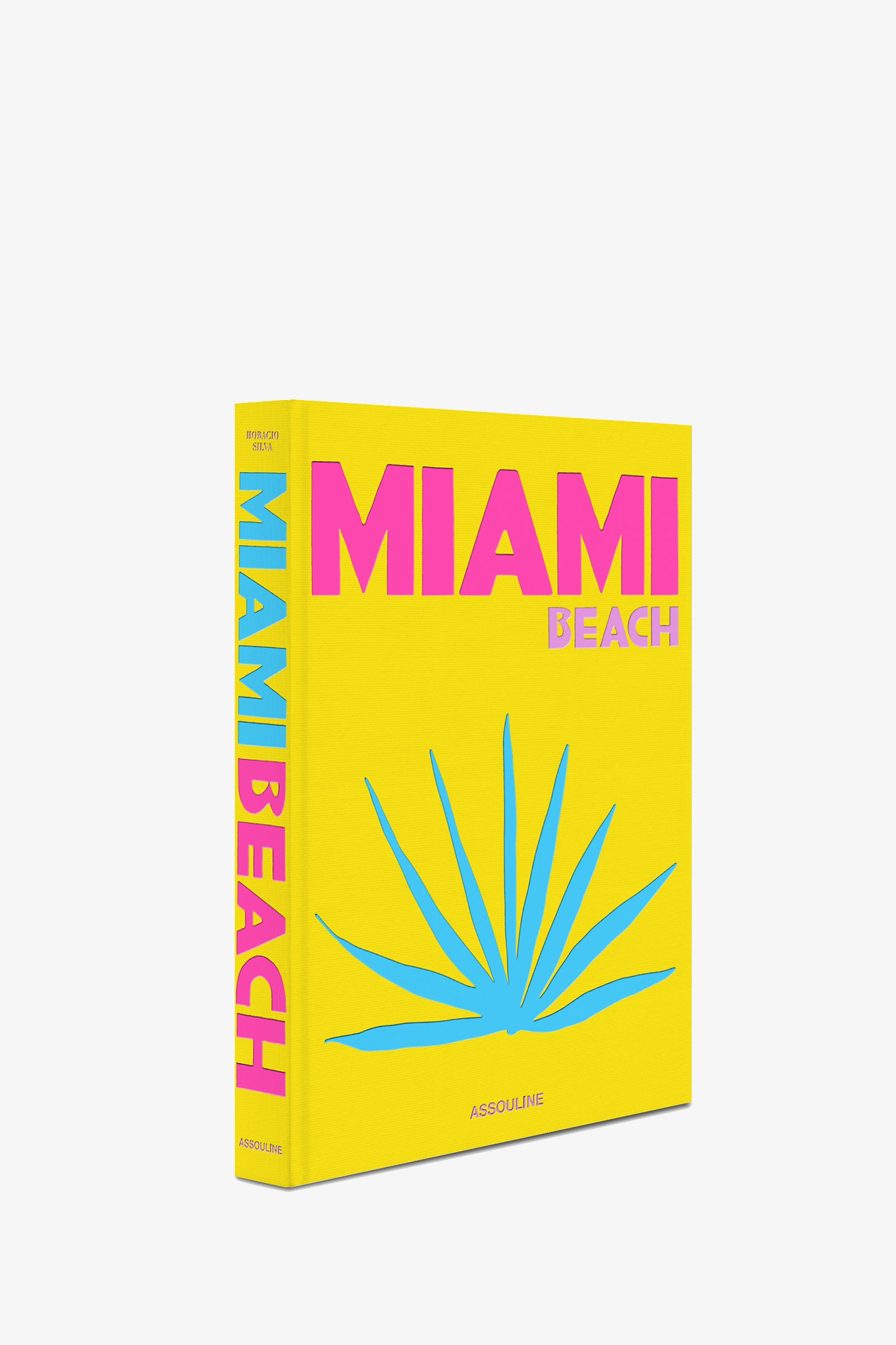 A yellow Assouline Miami Beach Book featuring "MIAMI BEACH" in pink and purple letters and a blue palm leaf illustration on the cover; the spine also displays "MIAMI BEACH.