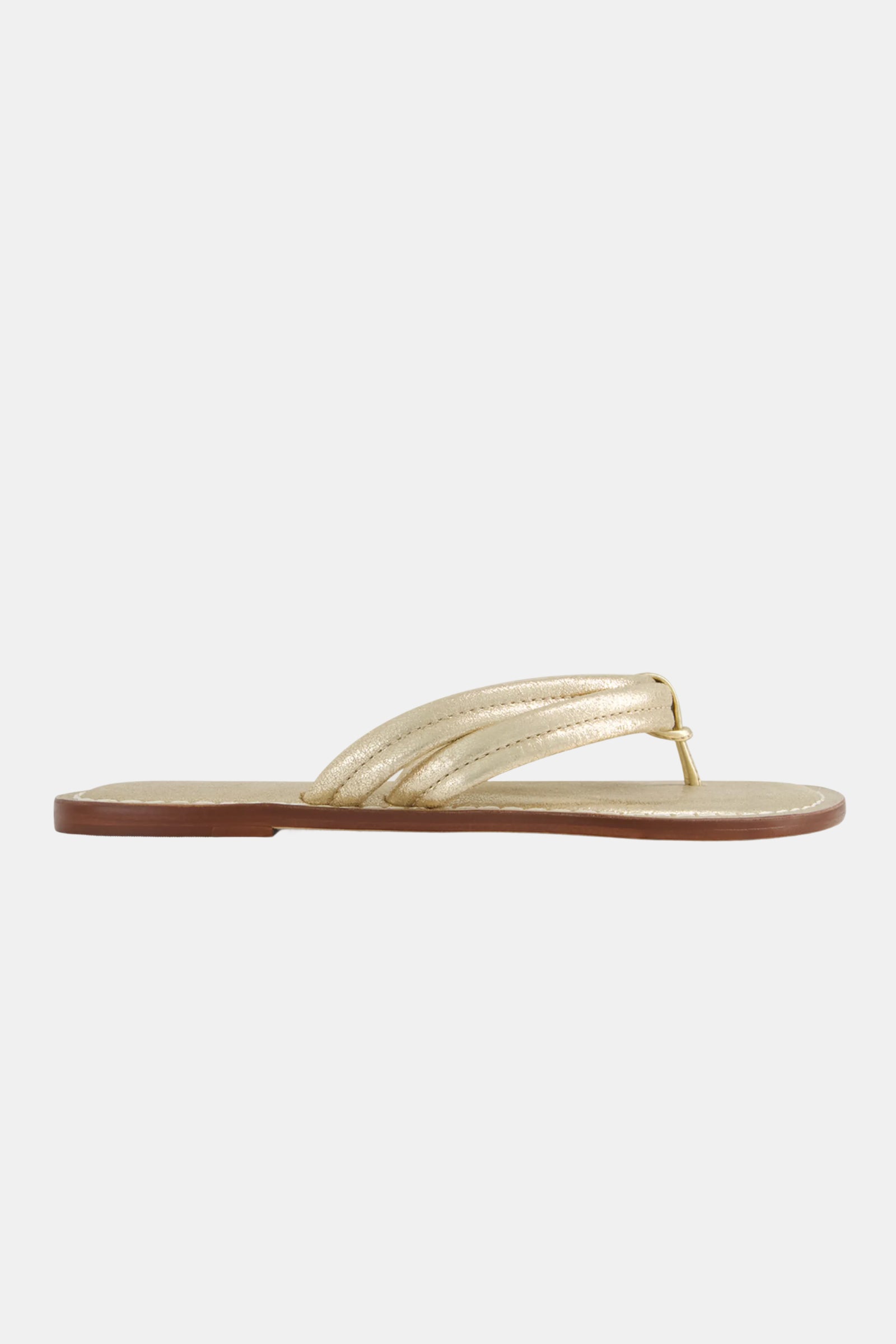 The Miami Sandal is a gold metallic flip-flop with a flat brown sole and a textured, padded thong strap, displayed in side profile on a plain white background.