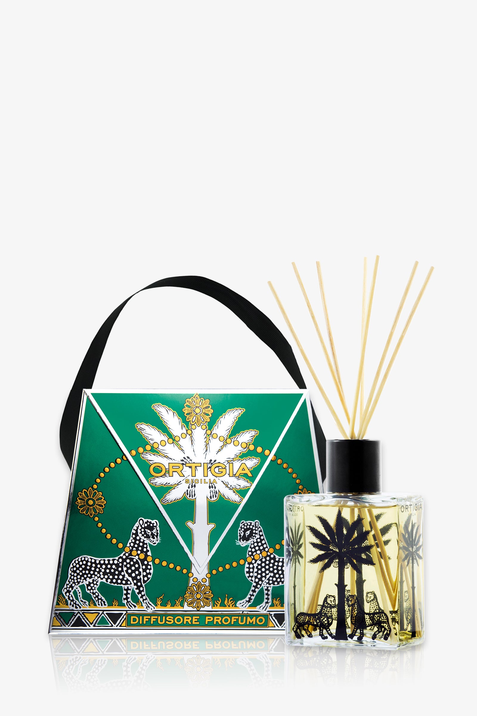 The Ortigia Bergamot Diffuser in green, with a black palm and leopard motif, is shown beside its decorative green and gold box featuring palm trees and two leopards.