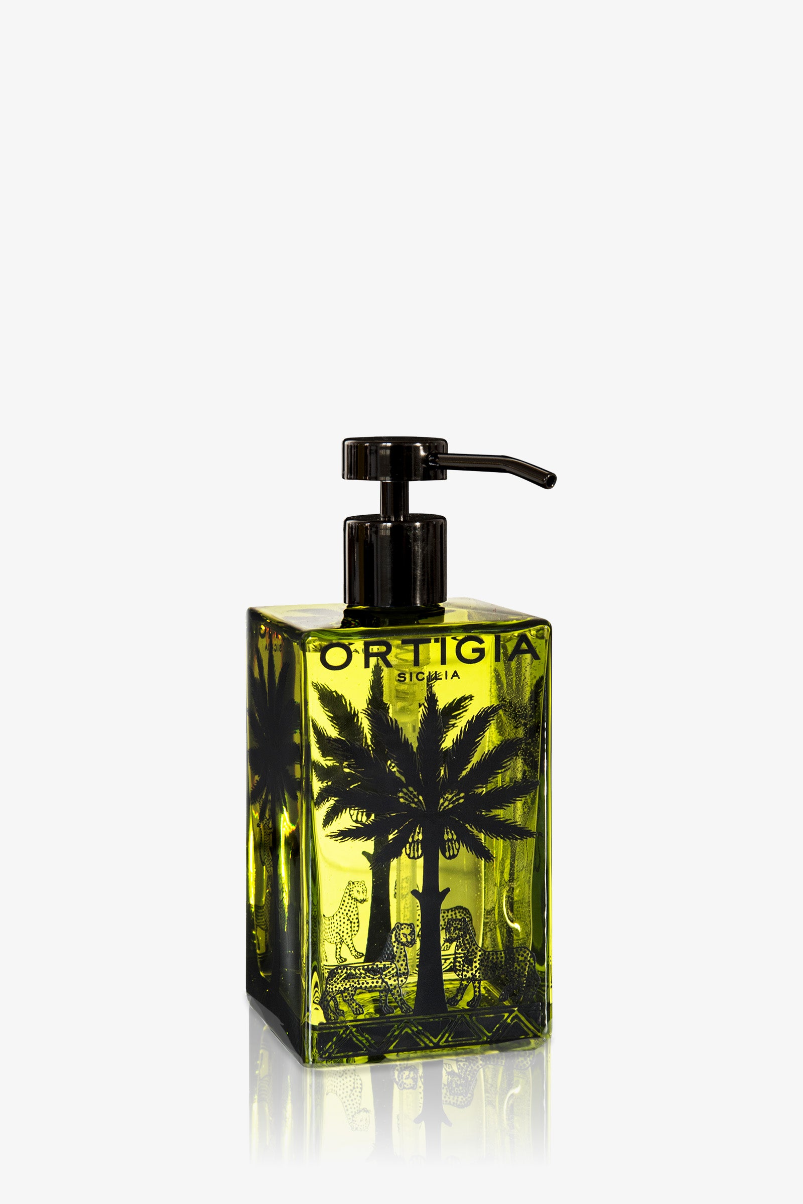 A green square glass bottle of Ortigia Bergamotto Glass Soap with a black pump and label featuring black palm tree and animal illustrations.