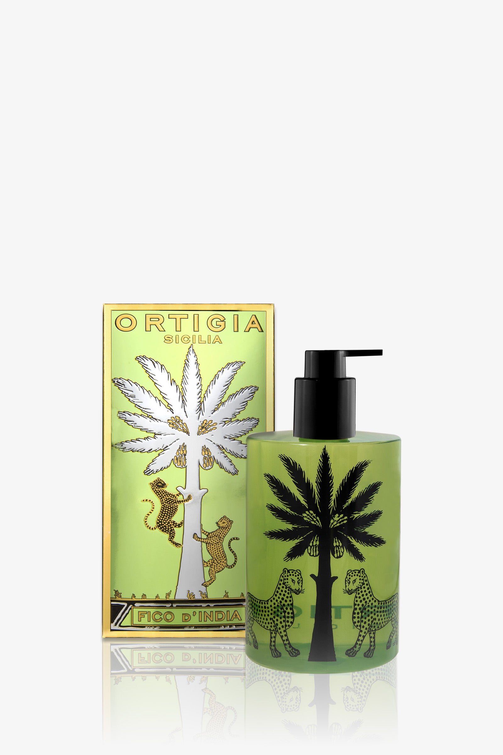 A green bottle of Ortigia Fico D'India Shower Gel with a black pump. The bottle and box feature black palm trees and leopards, plus gold and green accents on the packaging.