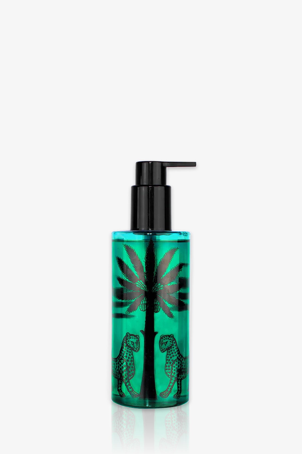 A blue pump bottle of Ortigia Sandalo Shower Gel features a black leaf design, possibly palm or cannabis, with two spotted leopards facing each other at the base.