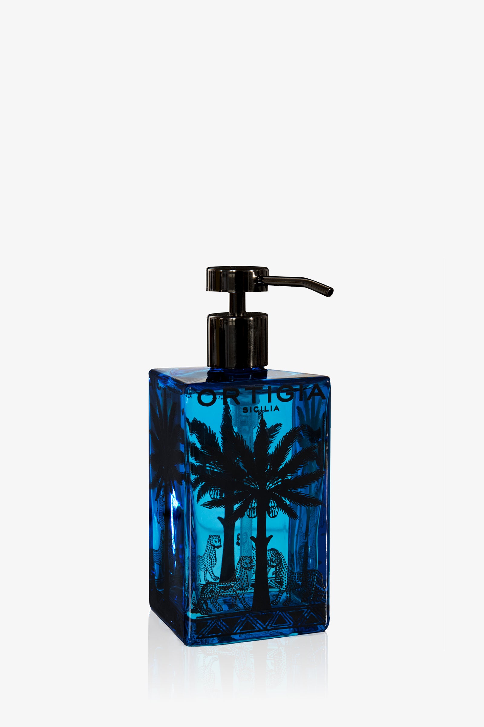 The Ortigia Florio Glass Hand Soap is a blue rectangular dispenser with a black pump, decorated with black palm tree and animal designs and the word "Ortigia" displayed on the front.