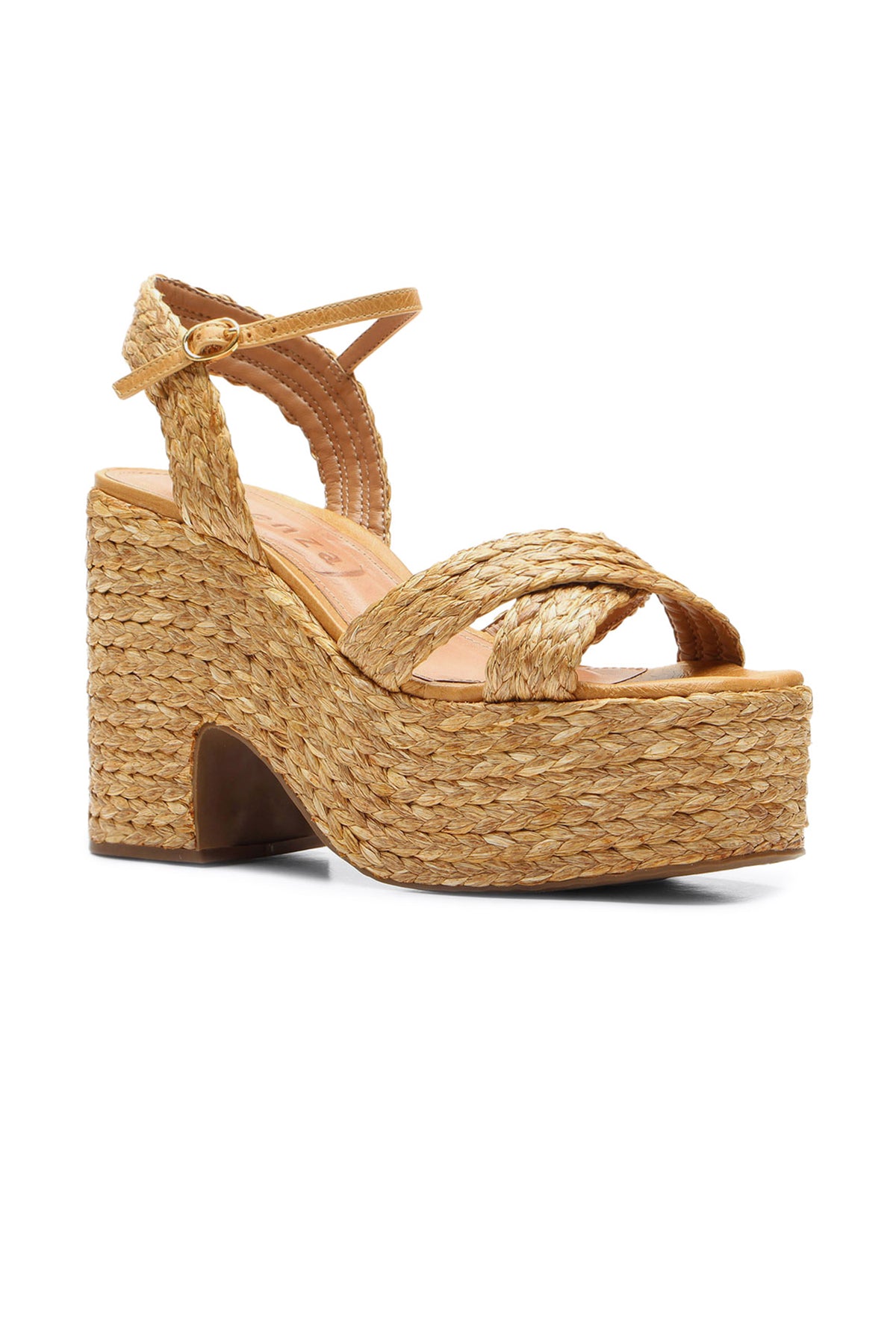 The Garda Platform sandal features a tan woven straw texture, thick crisscross toe straps, an ankle strap with buckle, and a chunky high heel.