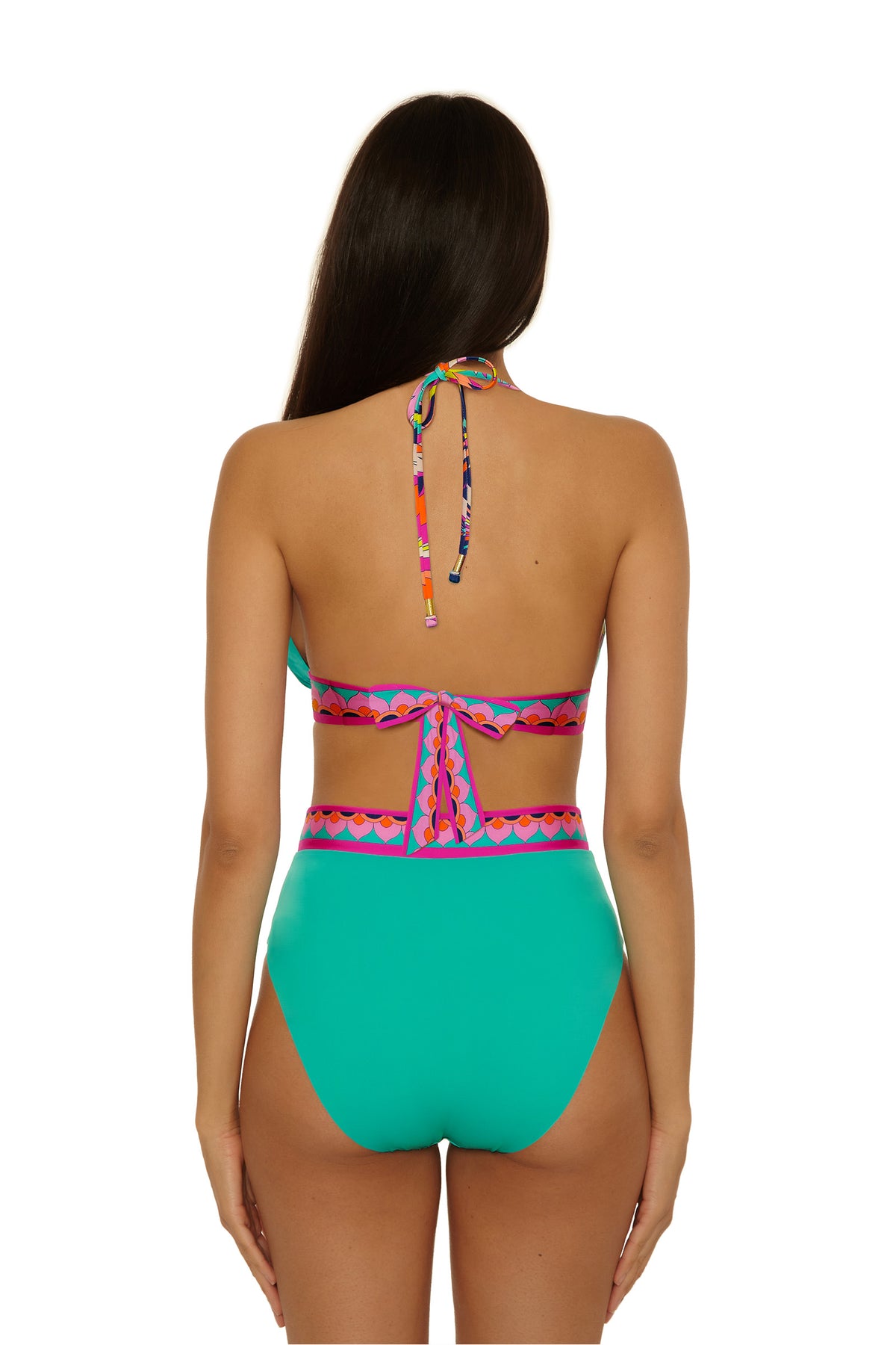 Woman with long dark hair wearing a halter-neck bikini and teal Paralia Rev Hi Waist Bottoms, shown from the back against a plain white background.