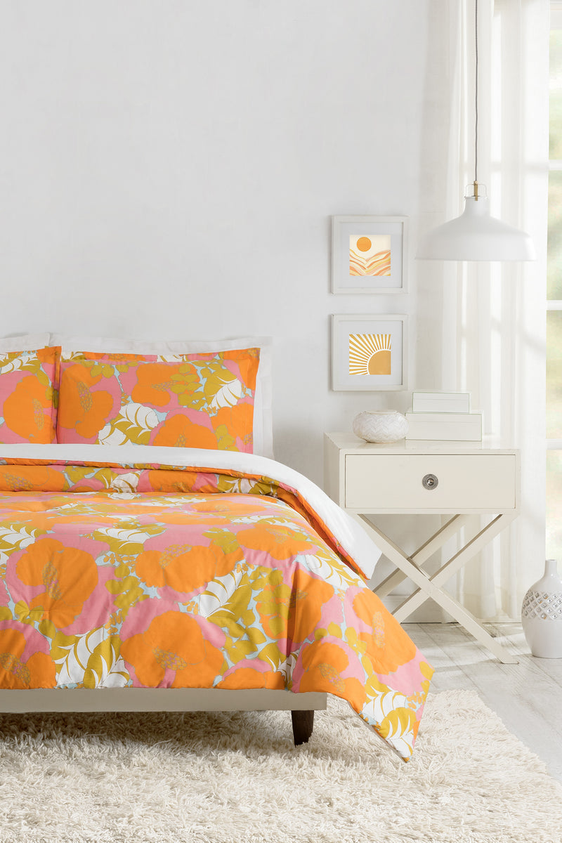 SUMMER FLORAL FULL QUEEN 3-PIECE COMFORTER SET in ORANGE