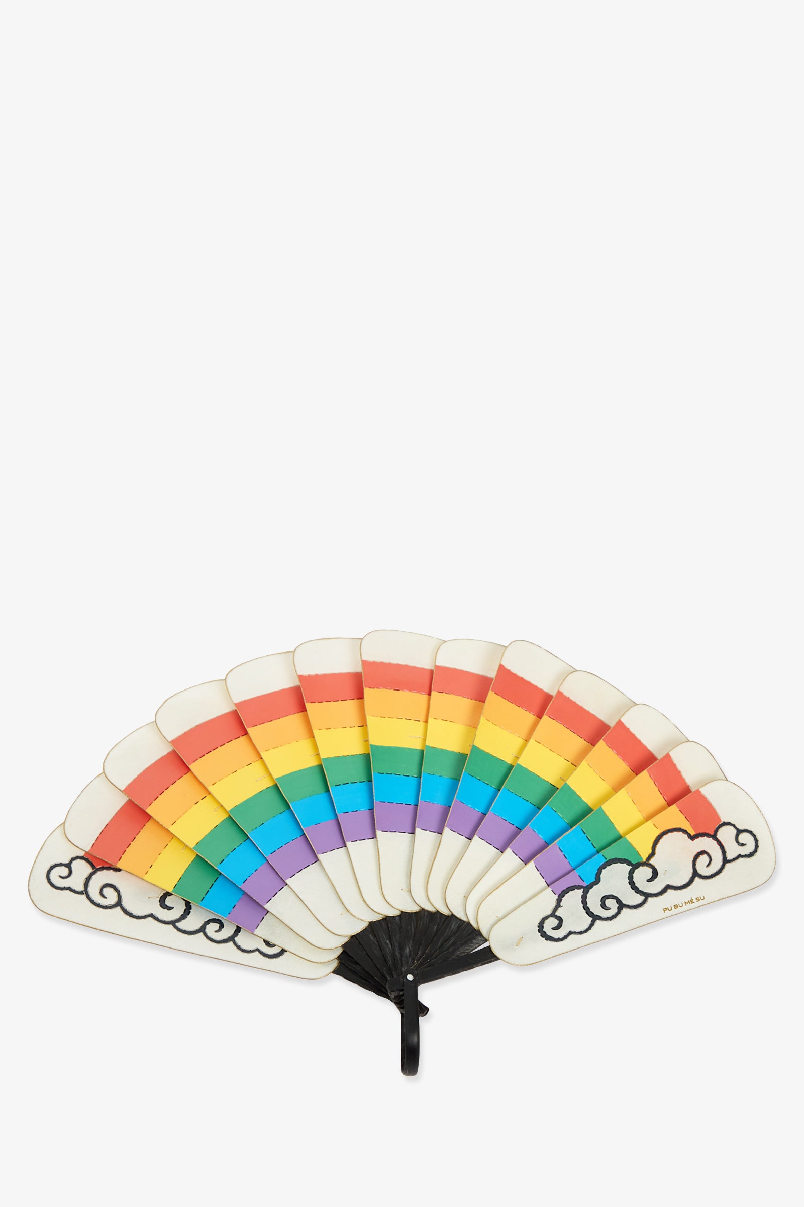 The Pu Bu Me Su Fan features white blades adorned with horizontal rainbow stripes and black cloud designs near the base, complemented by a sleek black handle.