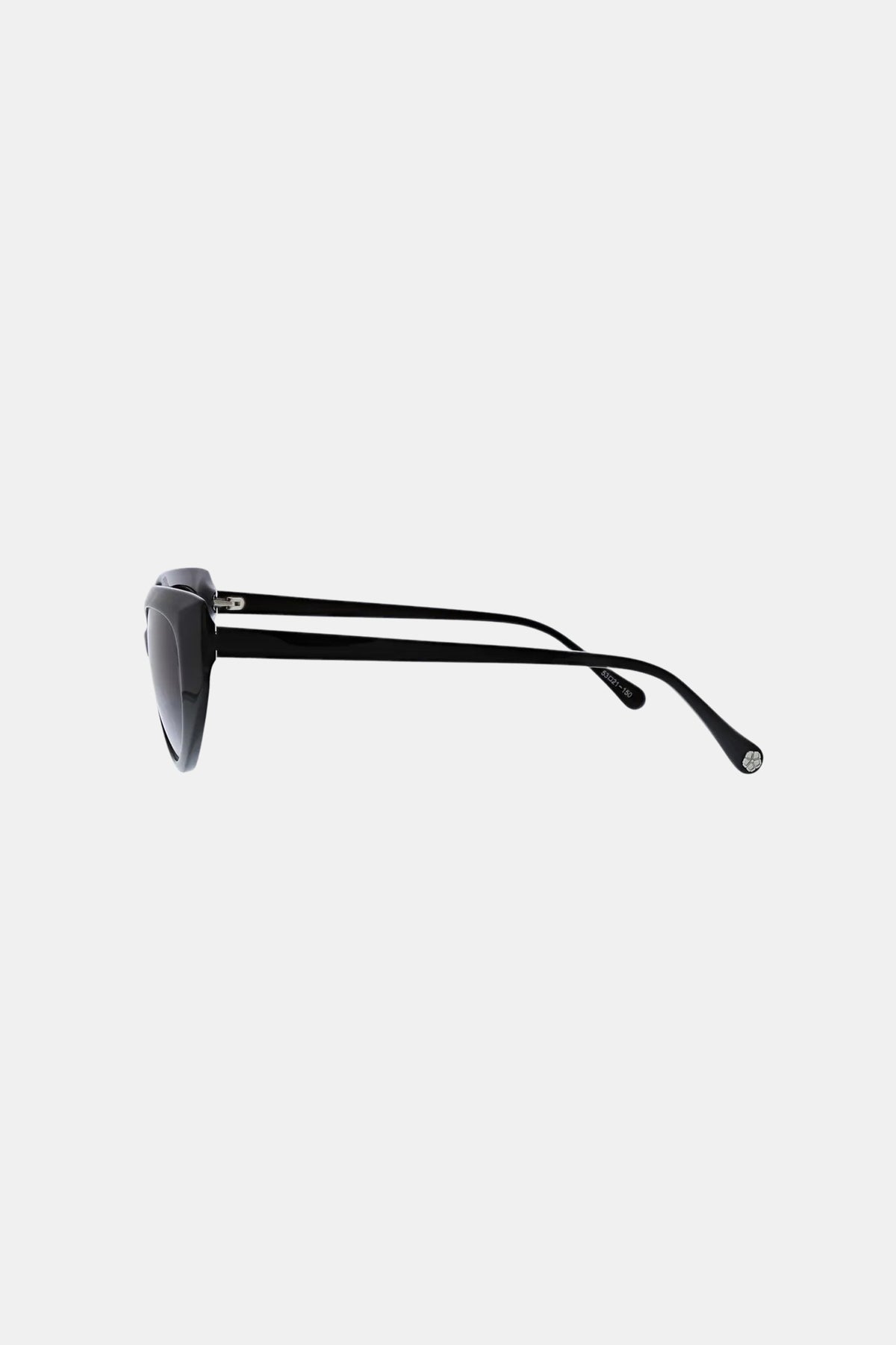 Side view of the Schooner Sunglass in black, featuring thick frames and slim, straight arms, set against a plain light gray background.